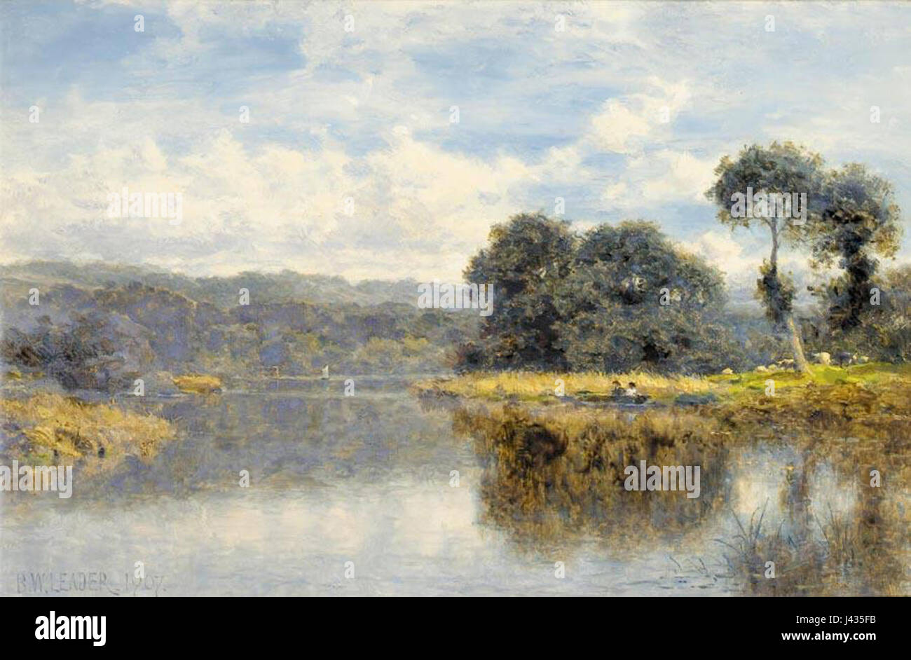 Un dipinto o una fotografia del leader Benjamin Williams che raffigura una vista tranquilla e panoramica del fiume Tamigi in una bella giornata, sottolineando la bellezza naturale del paesaggio britannico. Foto Stock