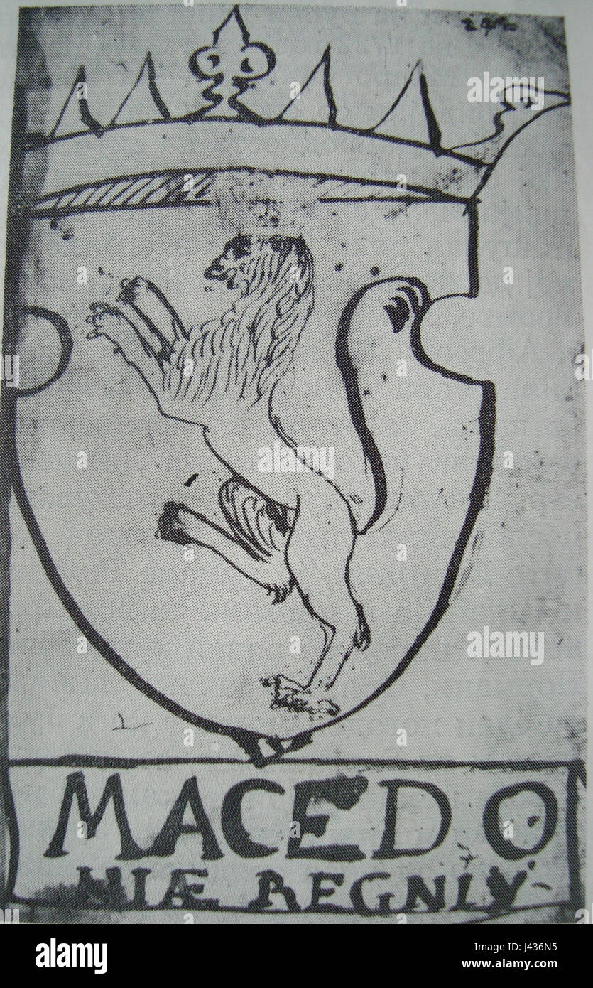 Lo stemma macedone dal XVI al XVII secolo è un emblema storico che rappresenta la regione della Macedonia. Lo stemma include probabilmente simboli araldici dell'epoca, che riflettono il significato politico e culturale della regione durante quel periodo. Foto Stock