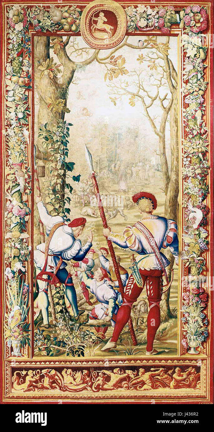 L'arazzo di Luigi XIV, creato durante il regno del re di Francia, mostra la grandezza e l'opulenza della corte francese. Riflette lo stile barocco e fa parte delle arti decorative dell'epoca. Foto Stock