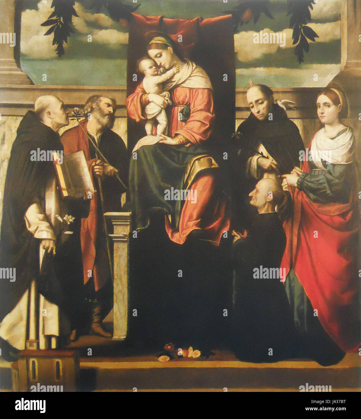 Madonna in trono col Bambino tra i Santi Domenico, Giuseppe, Vincenzo Ferrer, Lucia e onu committente Foto Stock