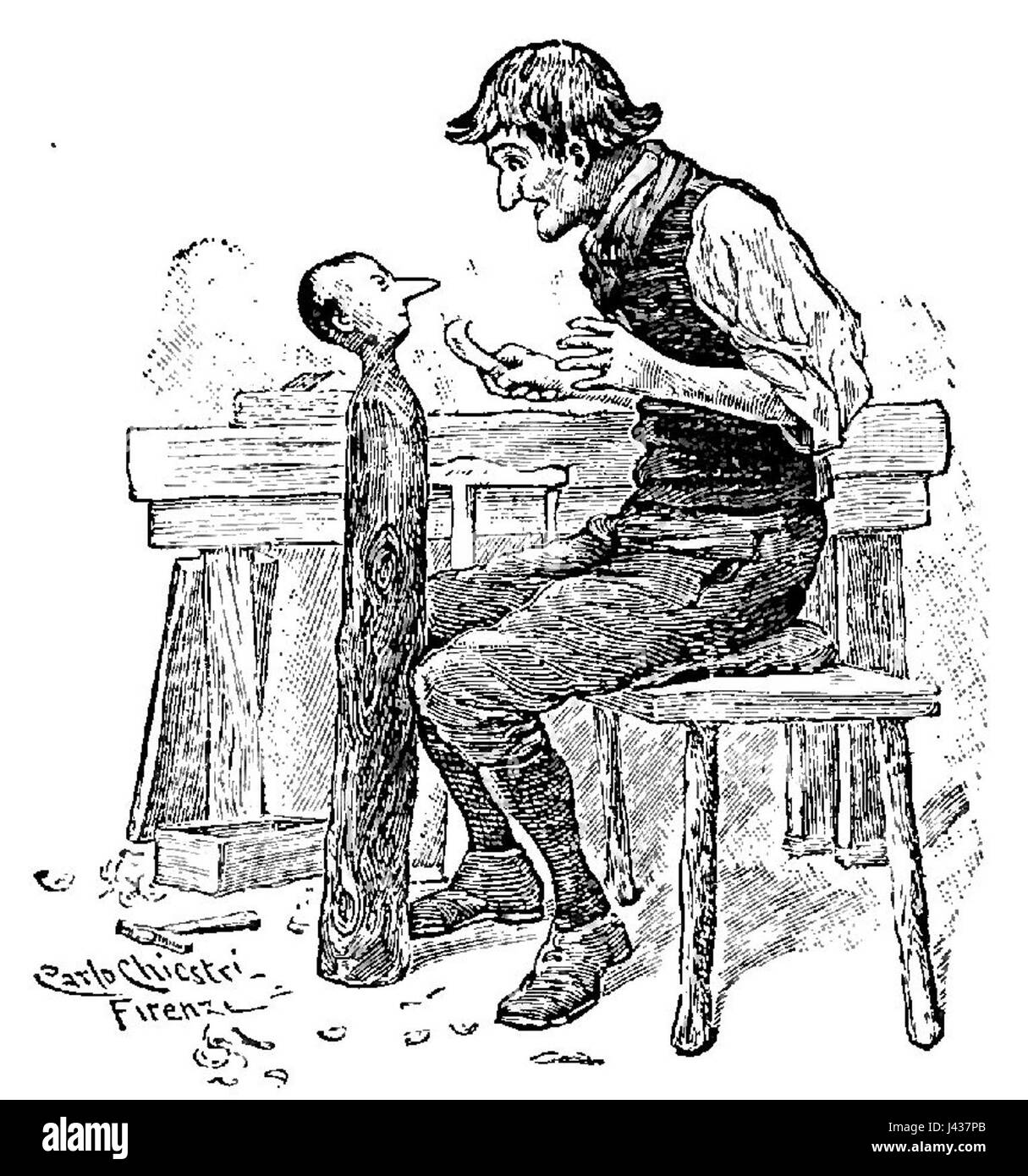 Le avventure di Pinocchio è un famoso romanzo italiano di Carlo Collodi. L'opera segue la storia di Pinocchio, un burattino di legno che sogna di diventare un vero ragazzo. Questa pagina del libro cattura i momenti chiave delle sue avventure e della sua crescita. Foto Stock