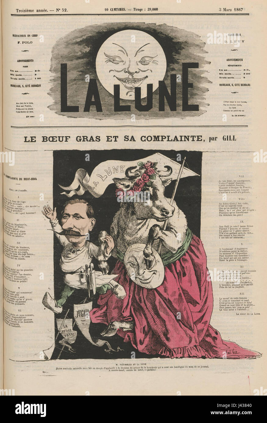 "Le Boeuf gras et sa complainte", un'opera francese di Gill la Lune, pubblicata il 3 marzo 1867, presenta un commento satirico, probabilmente relativo alla società o alla politica francese dell'epoca, attraverso l'allegoria di un bue grasso. Il pezzo mette in mostra lo stile artistico e letterario della satira francese del XIX secolo. Foto Stock
