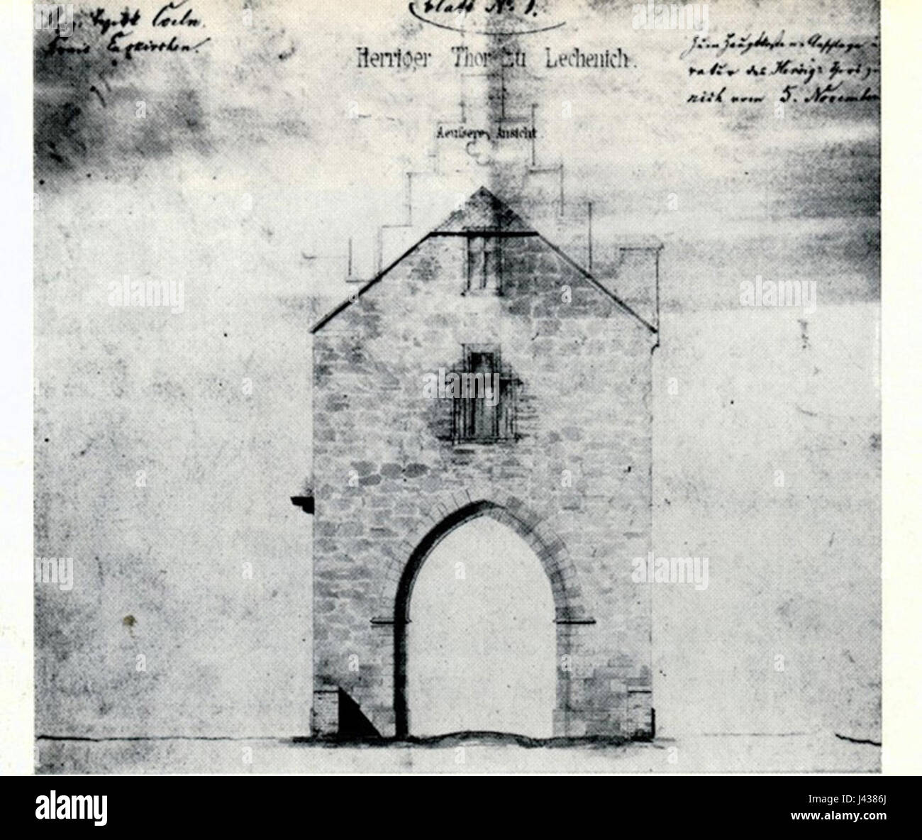 Questo è uno schizzo di progetto dell'Herriger Tor a Lechenich, creato dall'architetto Zwirner nel 1860. Lo schizzo illustra le caratteristiche architettoniche della porta, una notevole struttura storica in Germania. Foto Stock