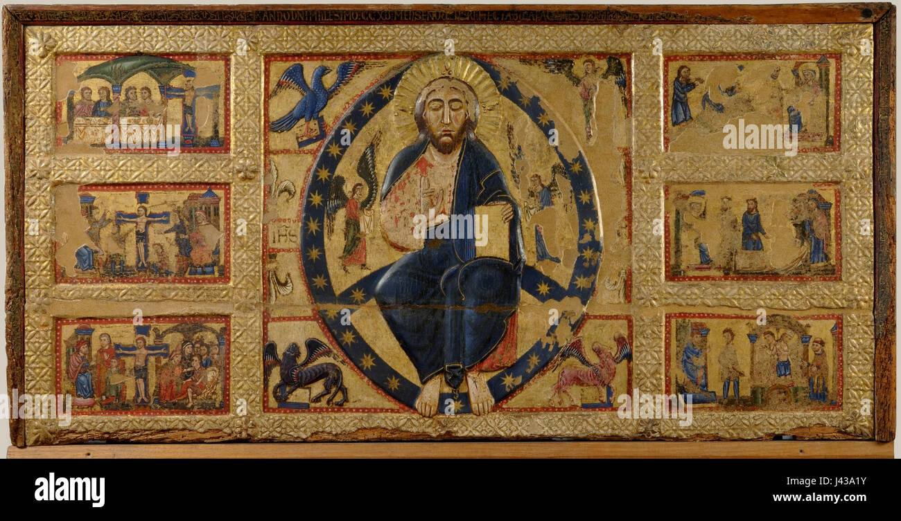 Il "Maestro di Tressa" ha creato "la Benedizione Salvatore e le storie della vera Croce", un dipinto del 1215. L'opera, situata nella Pinacoteca di Siena, illustra temi religiosi ed eventi della storia cristiana. Foto Stock