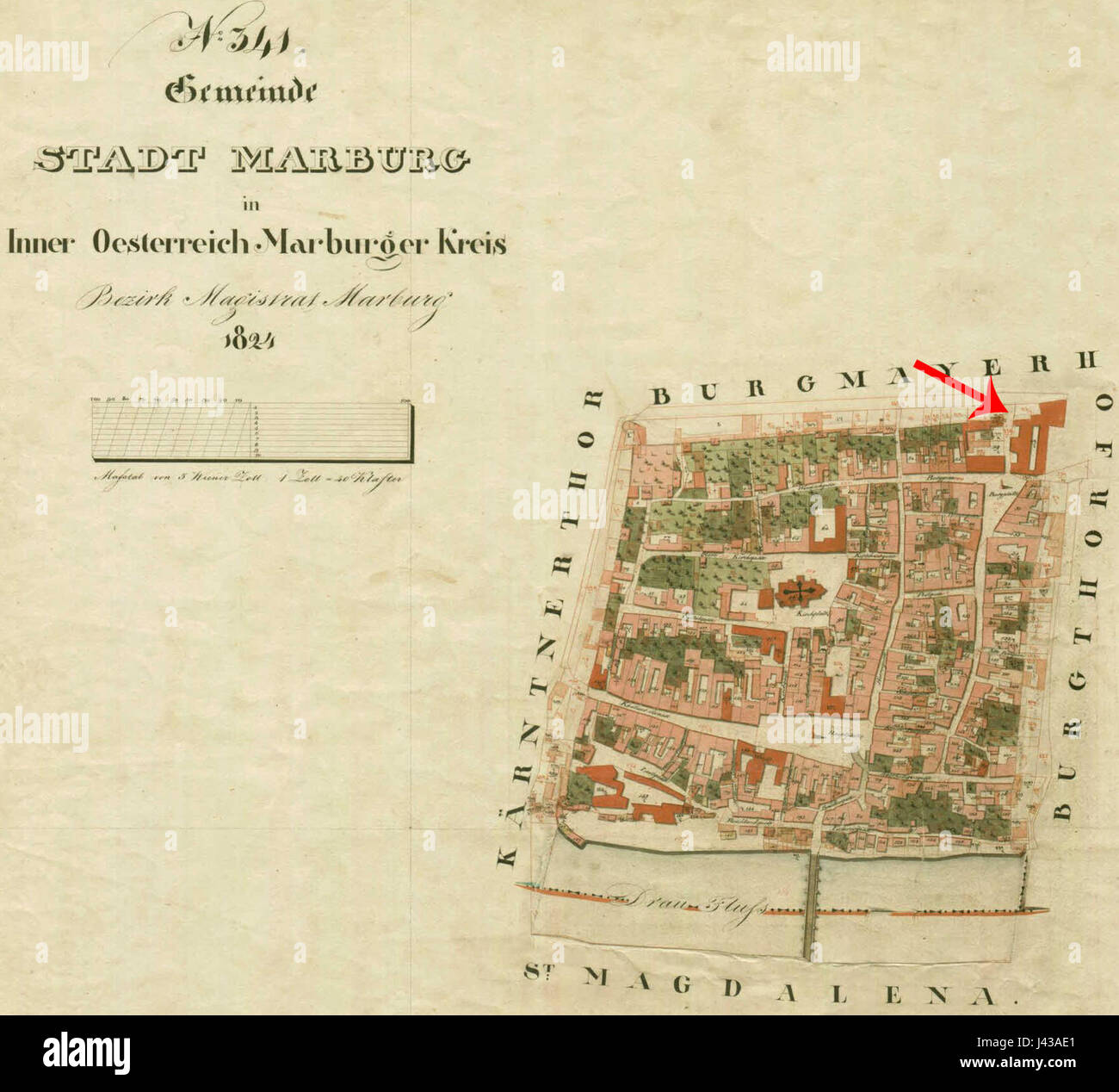 Il titolo si riferisce alla mappa catastale di Maribor, una città della Slovenia. Le mappe catastali registrano i confini e la proprietà di terreni e proprietà, fornendo informazioni essenziali per la pianificazione urbana, la gestione immobiliare e l'analisi storica. Foto Stock