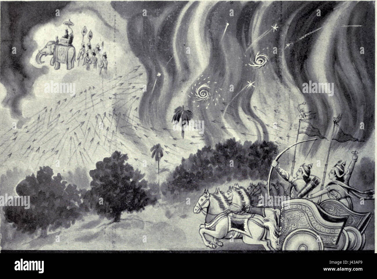 In questo evento mitologico, Krishnarjuna si impegna in una battaglia drammatica con potenti dei. La lotta simboleggia l'eterno conflitto tra il bene e il male, con Krishnarjuna che rappresenta la forza eroica e l'intervento divino contro avversari travolgenti. L'evento riflette temi di coraggio, dovere e destino divino in antiche narrazioni. Foto Stock