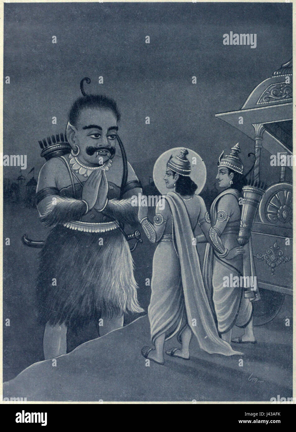 Questa scena, dal *Mahabharata*, raffigura Krishna che esorta Ghatotkacha a combattere Karna in battaglia. La scena è un momento chiave dell'epica, che illustra le complesse relazioni e le decisioni strategiche che plasmano il conflitto. Foto Stock