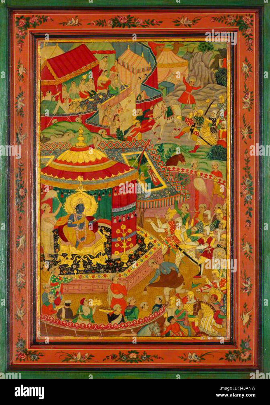 Questa opera raffigura il momento in cui Krishna, una figura divina nella mitologia indù, è accampata vicino al campo di battaglia. La scena è piena di simbolismo e riflette temi di dovere, moralità e natura del conflitto nella Bhagavad gita. Foto Stock