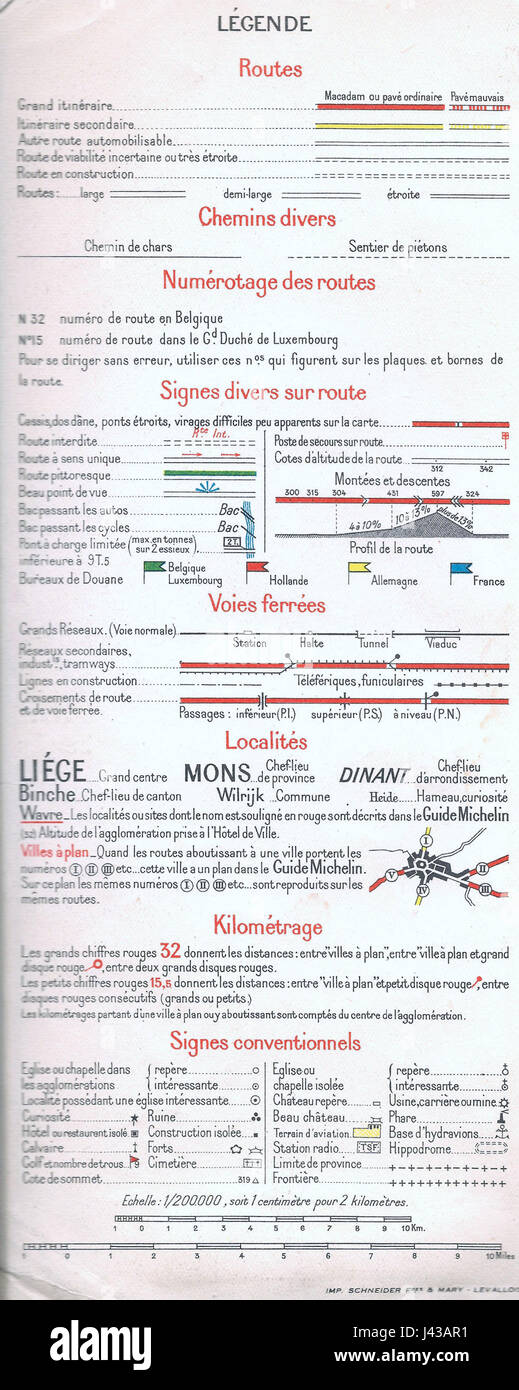 La leggenda della mappa Michelin del 1940 fornisce informazioni essenziali sui simboli e le caratteristiche delle mappe utilizzate nelle iconiche mappe Michelin di quell'epoca, riflettendo approfondimenti geografici e culturali. Foto Stock