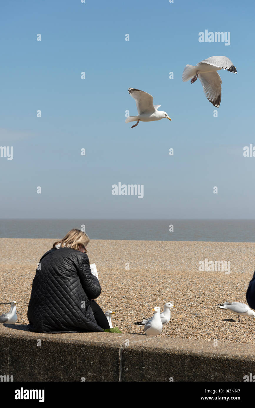 La gente seduta sulla spiaggia a mangiare pesce e patatine a Aldeburgh Suffolk REGNO UNITO Foto Stock