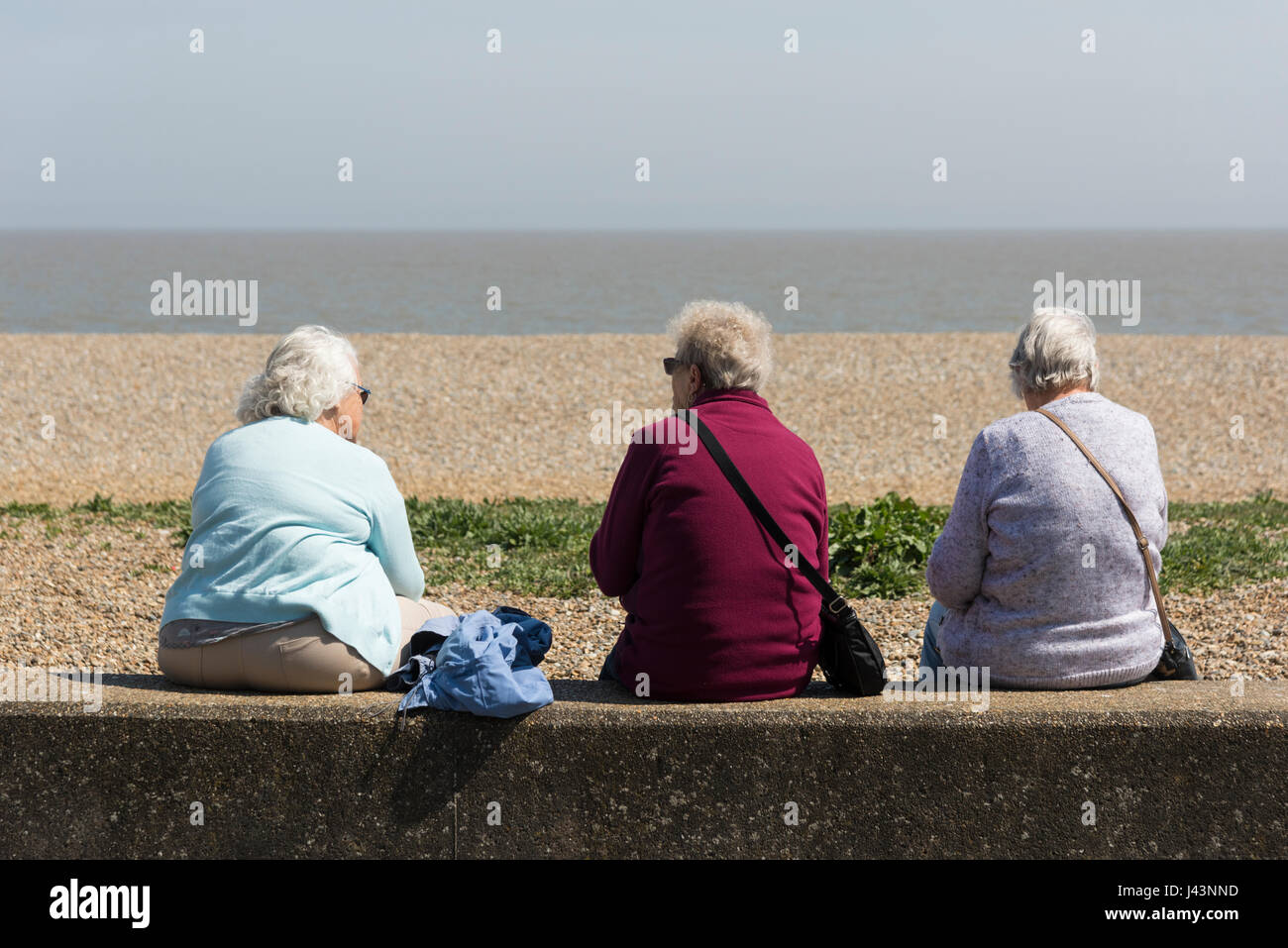 La gente seduta sulla spiaggia a mangiare pesce e patatine a Aldeburgh Suffolk REGNO UNITO Foto Stock