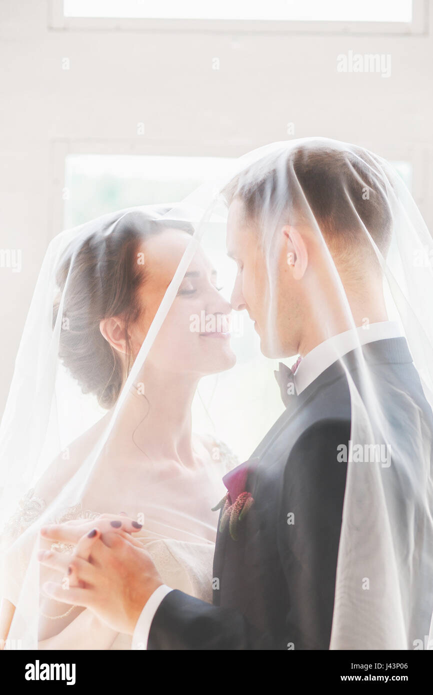 Matrimonio.bella sposa e lo sposo ritratto con velo sul viso. Elegante amorevole sposi baciando e abbracciando Foto Stock