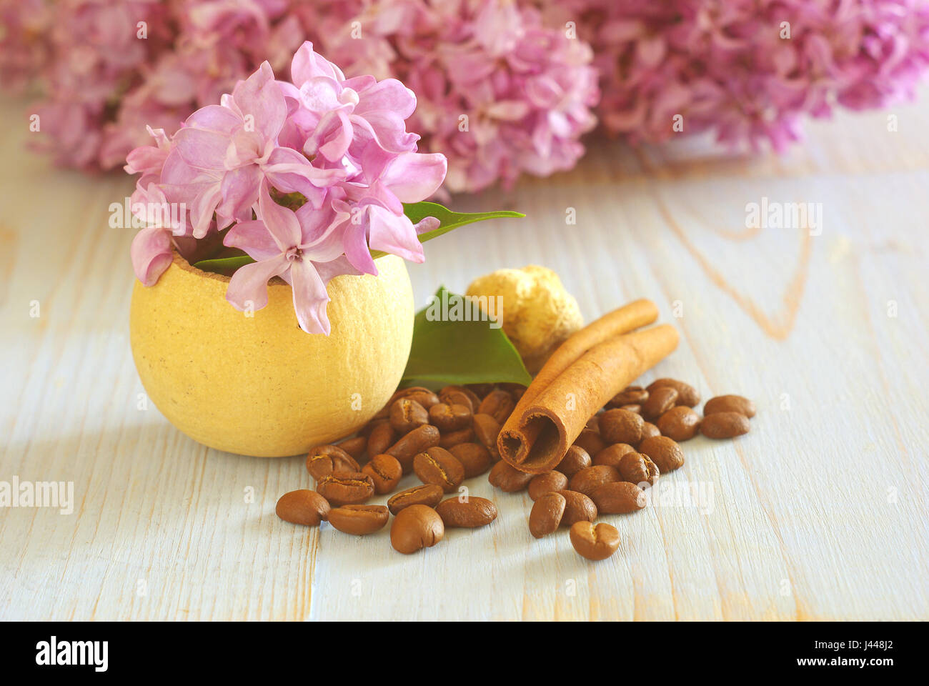 Chicchi di caffè lilla fiore ancora in vita il modello di sfondo. Vintage tavolo in legno i chicchi di caffè Gusto di cannella decorazione. Foto Stock