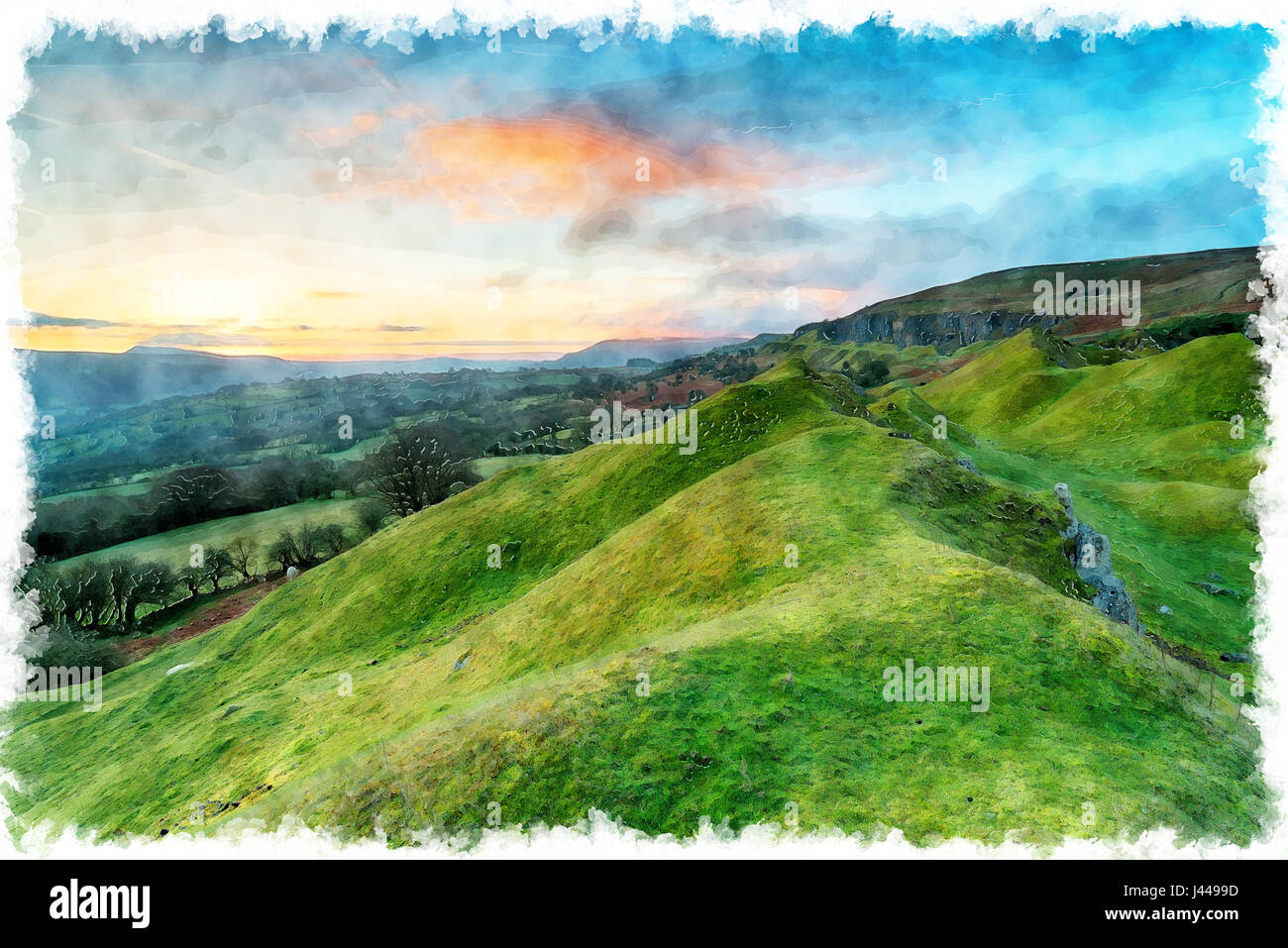 La pittura ad acquerello di alba sopra la scarpata Llangattock nel Parco Nazionale di Brecon Beacons in Galles Foto Stock