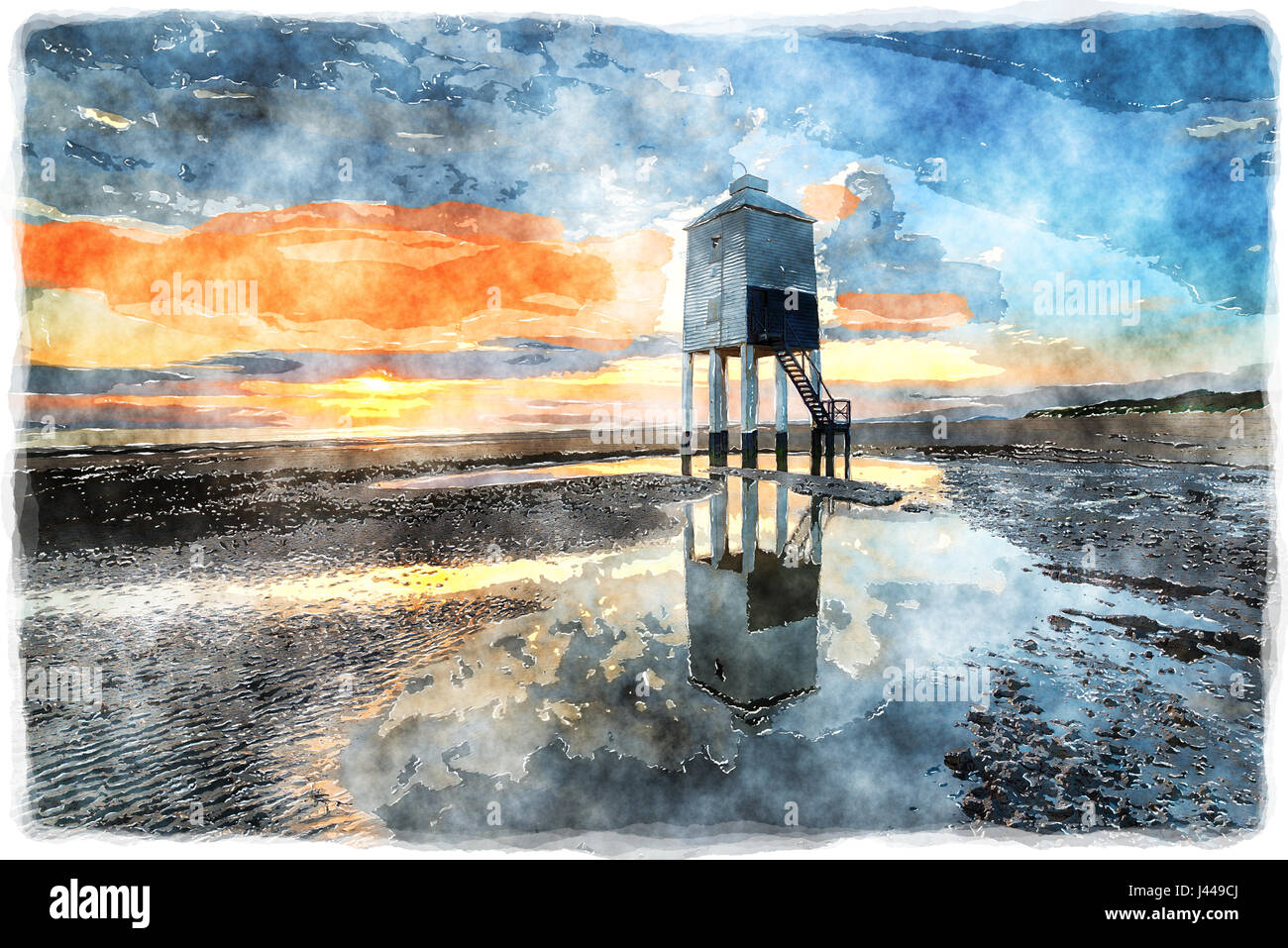 Corso di acquarello del Cielo di tramonto sopra il faro in legno su palafitte a Burnham sul mare sulla costa di Somerset Foto Stock