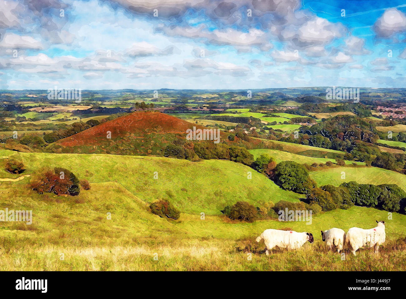 Un dipinto ad acquerello del Dorset campagna vicino a Bridport con Colmer's Hill in background Foto Stock