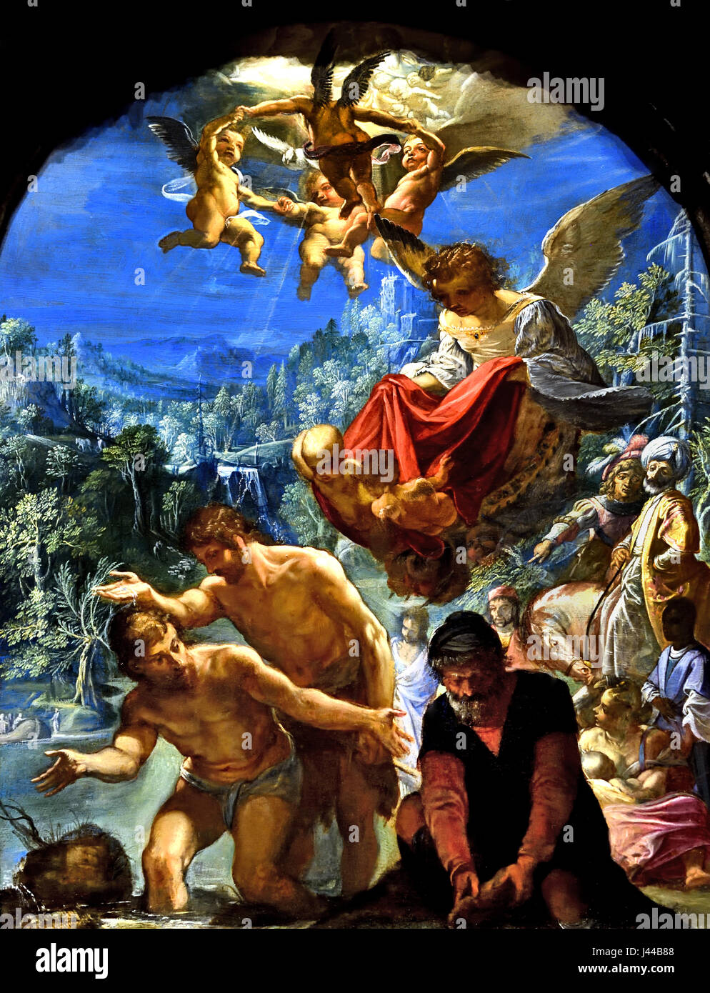 Il Battesimo di Cristo dal 1598 al 1600 Venezia di Adamo Elsheimer (1578–1610) Cristo è mostrato accovacciato nel fiume Giordano mentre San Giovanni lo battezza, versando acqua sul suo capo. Foto Stock