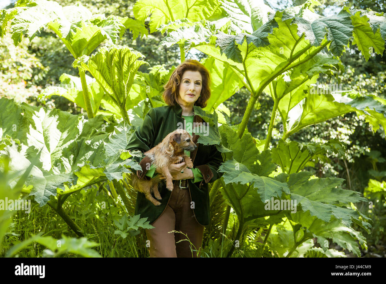 Signora Angelika Cawdor, il ceco nato Dowager Contessa di Cawdor raffigurata con oe dei suoi cani nei motivi di Cawdor Castle. Cawdor Castle è impostato ami Foto Stock