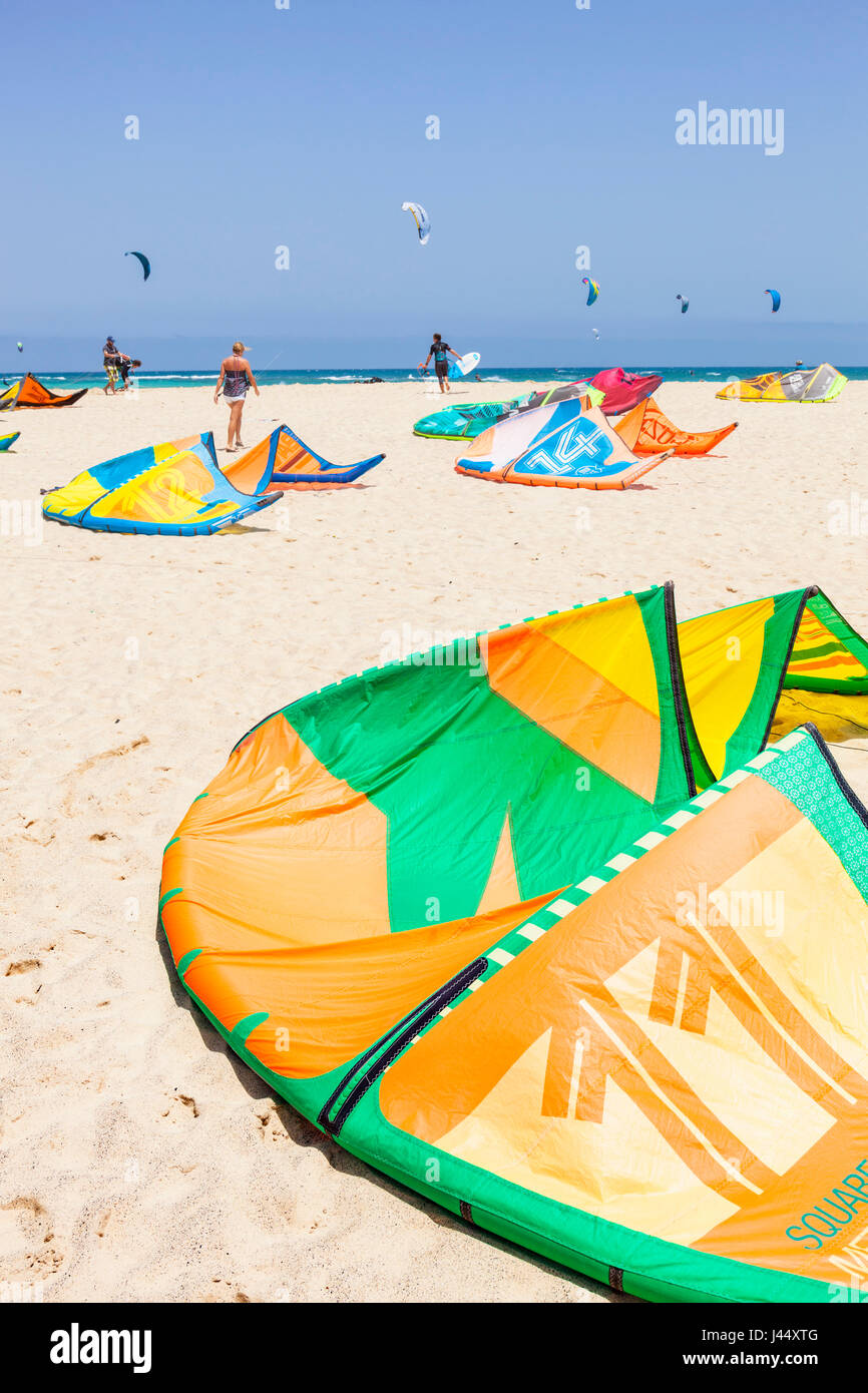 Capo Verde SAL Kite-surf e kite surf kite sulla spiaggia Praia da Fragata, Costa da Fragata, Santa Maria, Sal Capo Verde Foto Stock