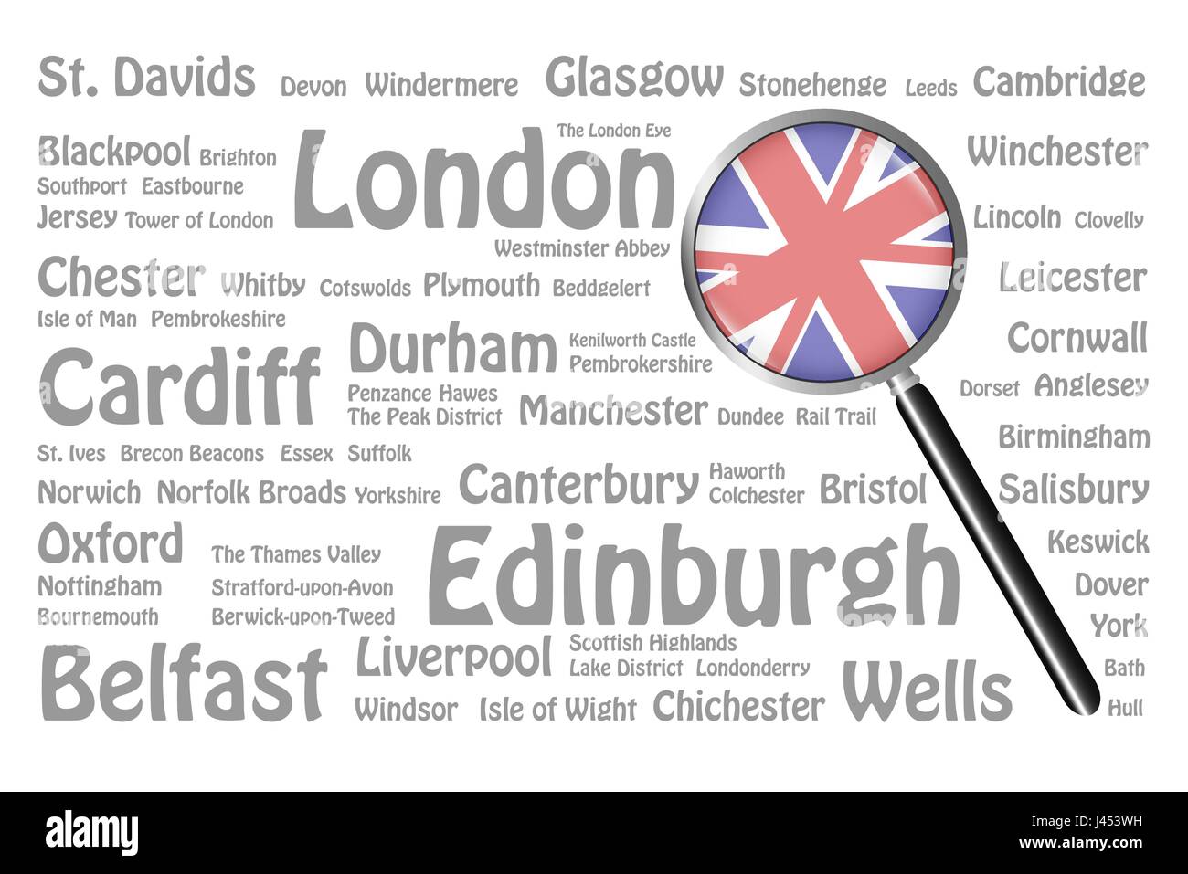 La lente di ingrandimento con la bandiera del Regno Unito è sul lato destro del vettore. Lo sfondo è costituito dai nomi di grigio delle migliori destinazioni di viaggio, c Illustrazione Vettoriale