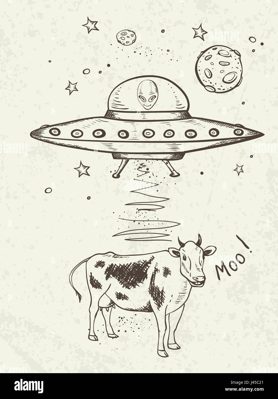 Fantastico doodle sfondo con UFO rapisce una vacca. Disegnata a mano illustrazione. Foto Stock
