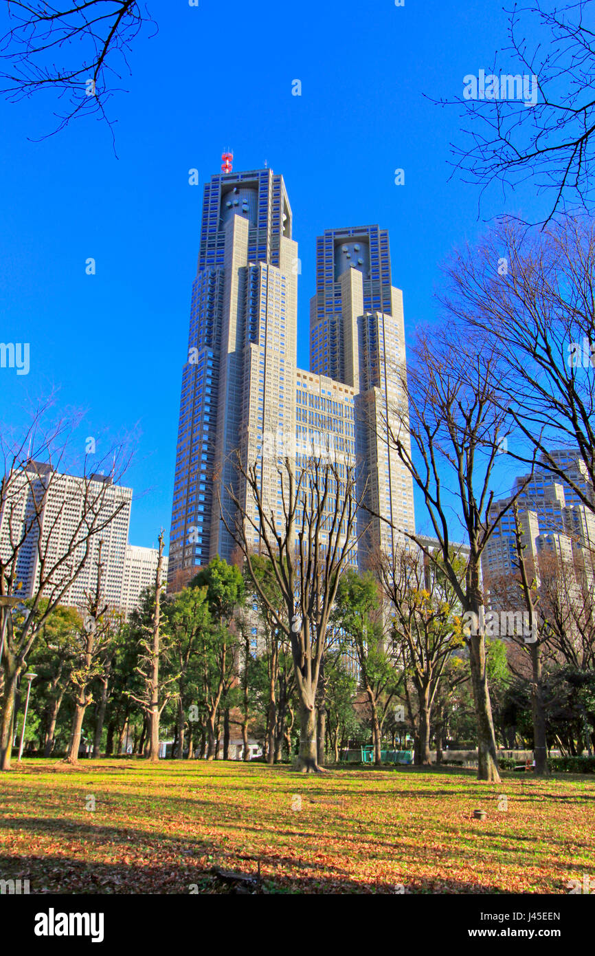 Governo Metropolitano di Tokyo edificio vista da Shinjuku Central Park Giappone Foto Stock