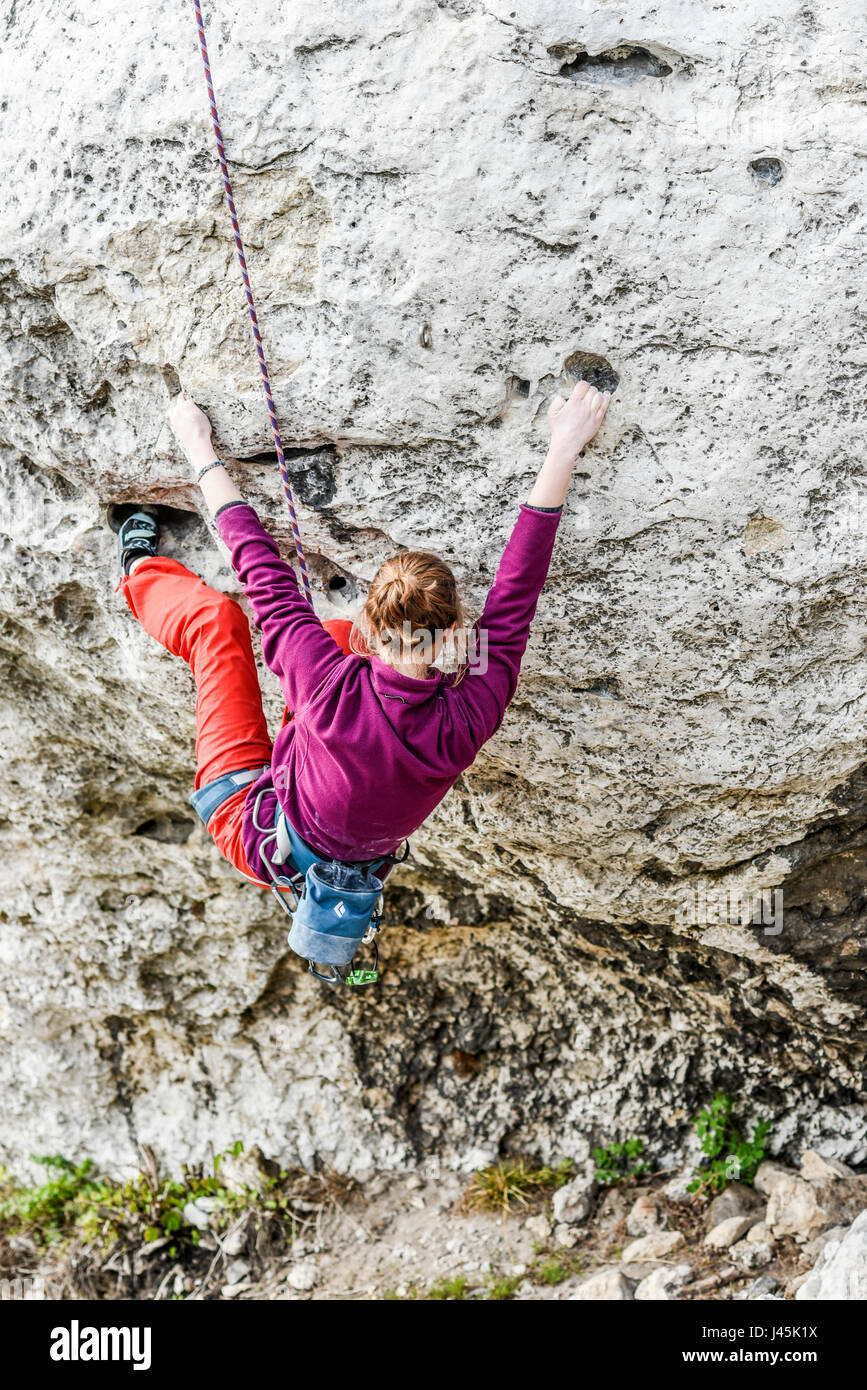 Femmina giovane scalatore scalata di un percorso su una roccia. Jura krakowsko chestochowska. Foto Stock