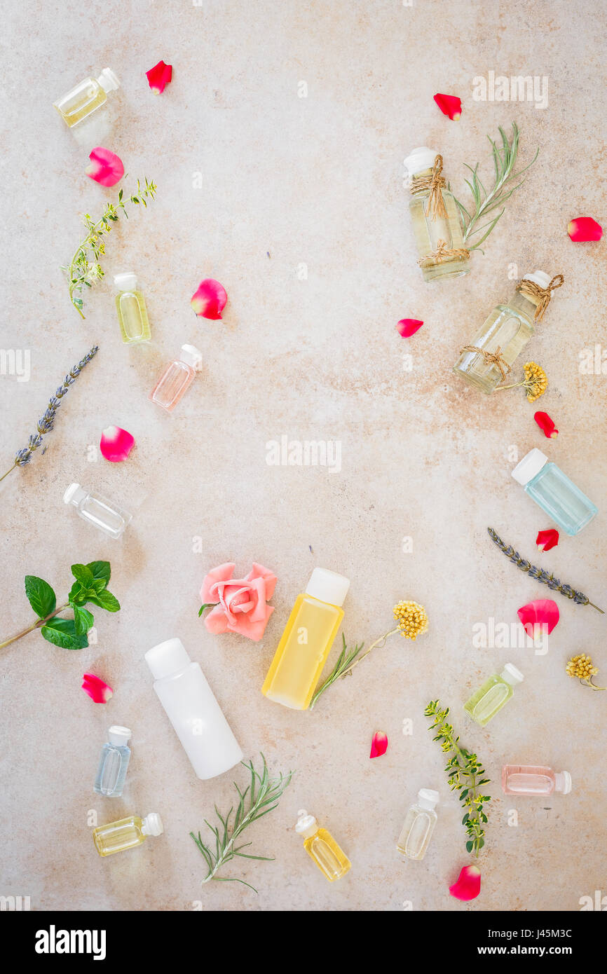 Vari oli skincare, fresche erbe officinali e fiori, trattamento spa, sul cemento. Vista dall'alto, uno spazio vuoto Foto Stock
