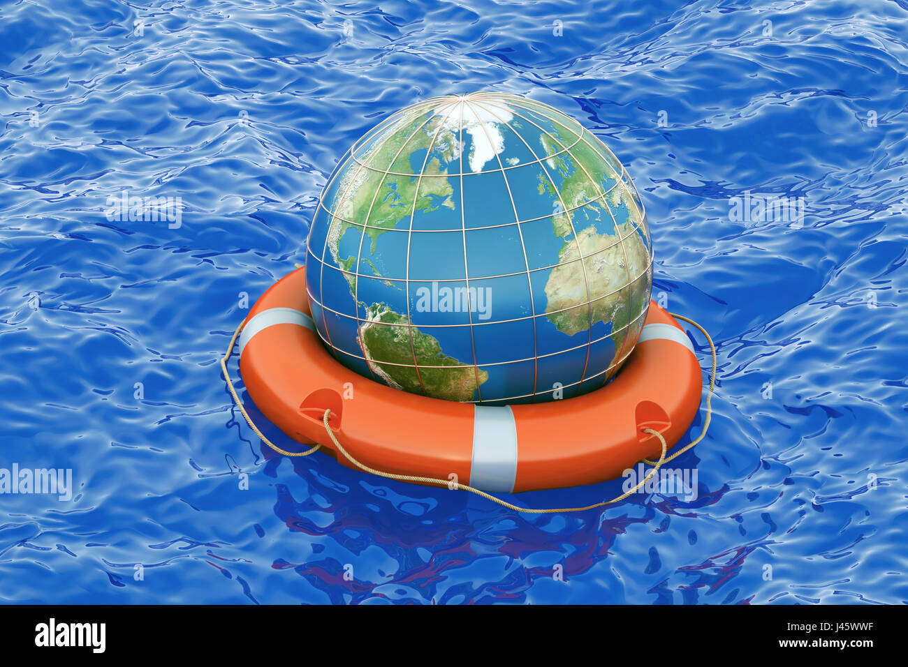 Globo terrestre con salvagente in mare aperto. Salvare il mondo concetto, rendering 3D Foto Stock