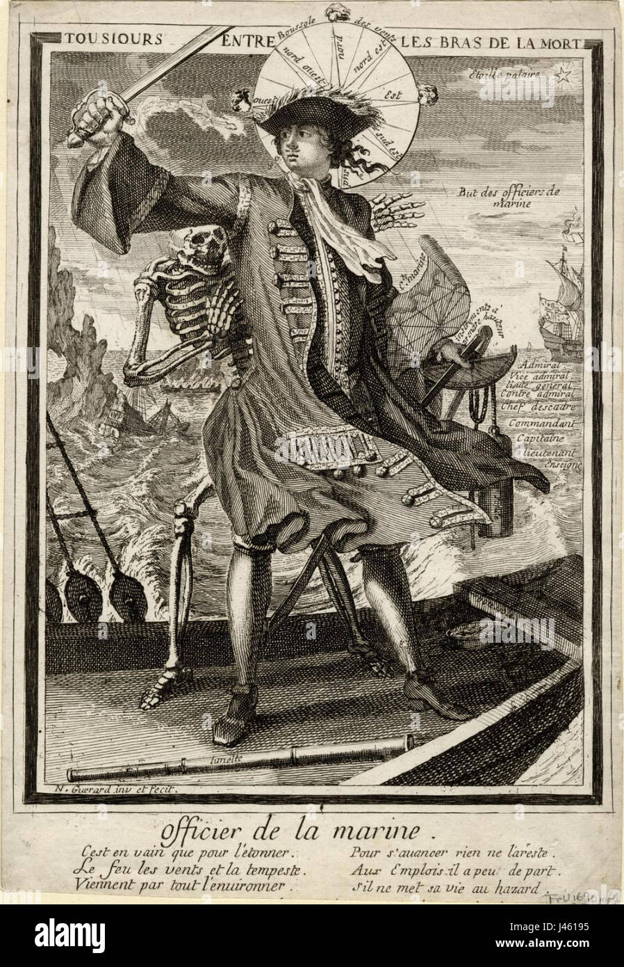 "Officier de Marine Francais" è un disegno allegorico del 1700 circa, raffigurante un ufficiale navale francese con elementi simbolici che riflettono i valori del tempo. Foto Stock