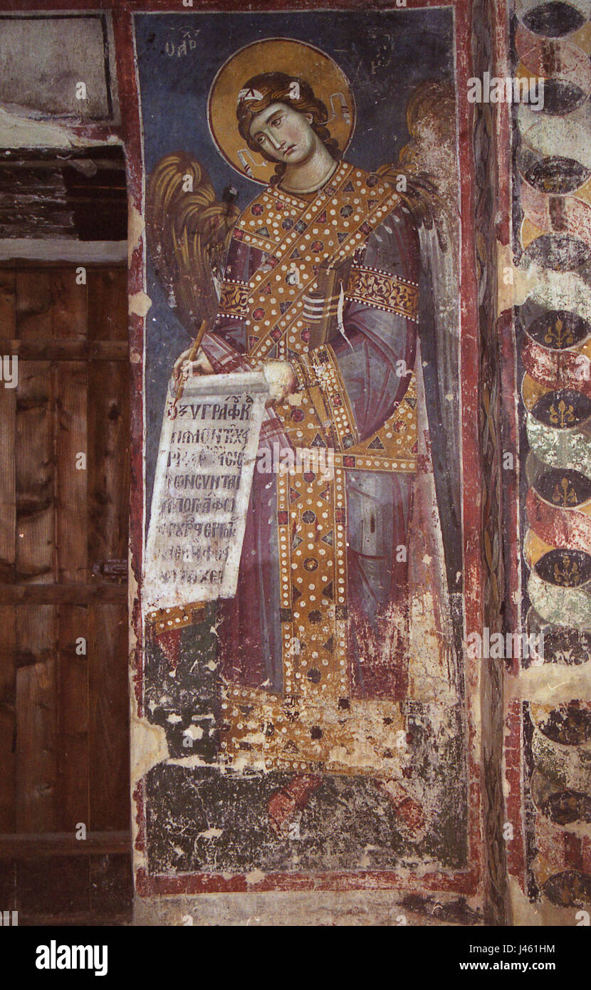 Questo si riferisce ai dipinti trovati nella chiesa del Theotokos Peribleptos, situata a Ocrida, Macedonia. La chiesa è famosa per i suoi splendidi affreschi medievali che raffigurano scene religiose e santi, importanti nella tradizione artistica bizantina. Foto Stock