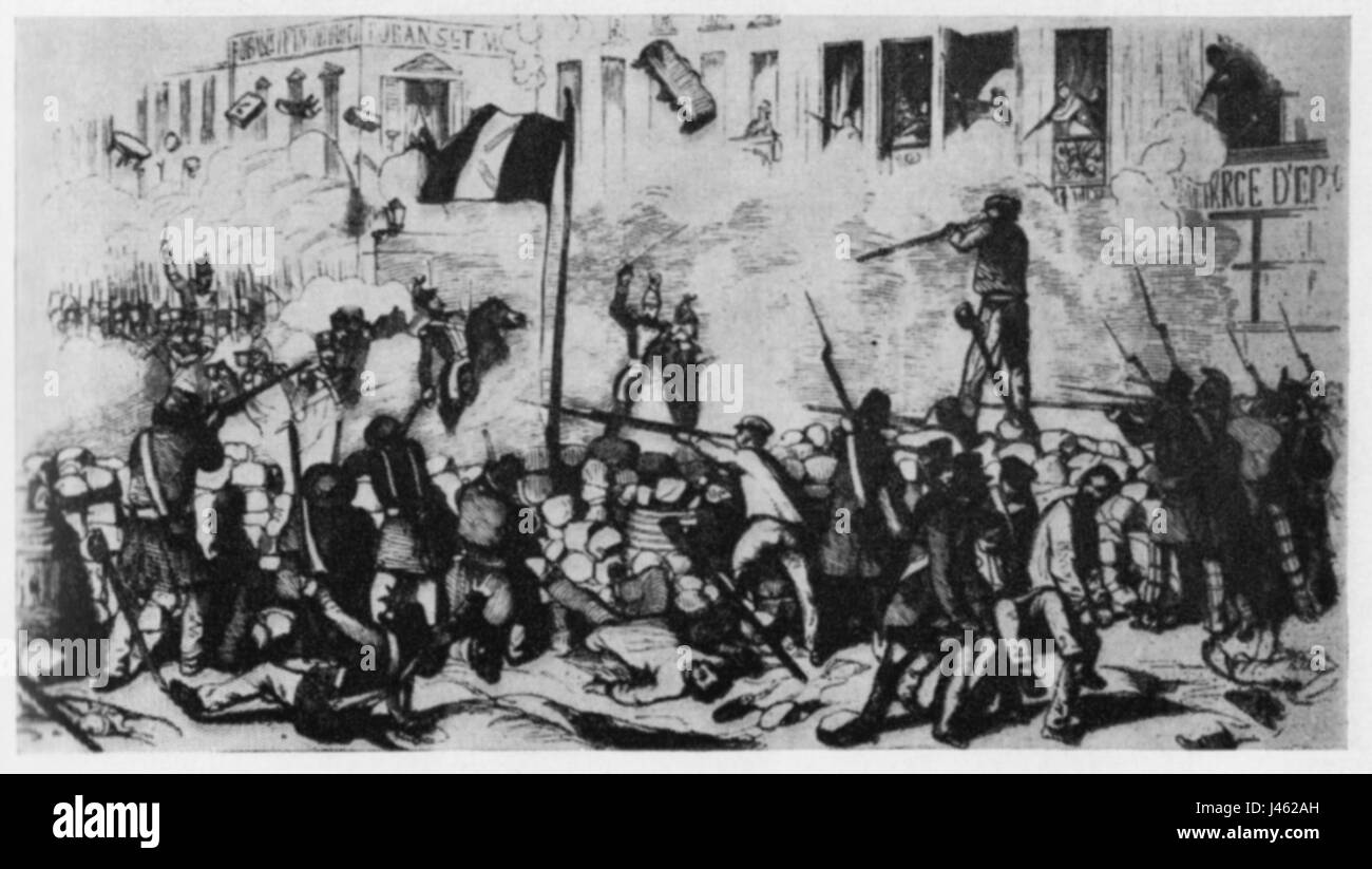 Parigi nel febbraio 1848 fu un momento cruciale nella storia francese, segnando l'inizio della Rivoluzione di febbraio. Questo evento portò all'istituzione della seconda Repubblica francese e fu parte di una serie di rivolte rivoluzionarie in tutta Europa. Foto Stock
