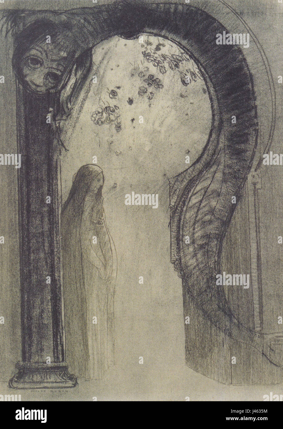 "Frau mit Schlange" di Odilon Redon è un'opera impressionante che raffigura una donna intrecciata con un serpente. Questo pezzo riflette l'esplorazione di temi surreali e simbolici di Redonâ, combinando immagini oniriche con potenti elementi visivi. Foto Stock