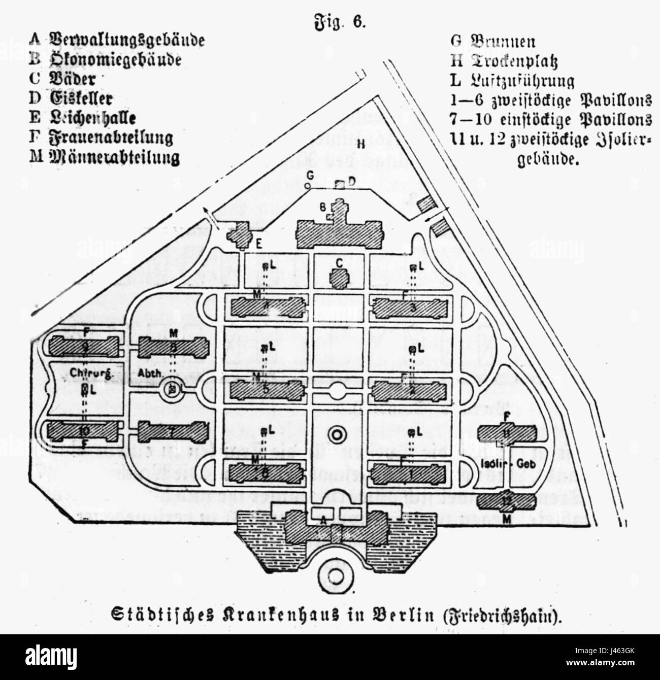 La figura di Meyers Krankenhaus del 1888 è un'illustrazione della Meyers enciclopedia, che mostra lo sviluppo storico delle strutture mediche in Germania. La figura sottolinea l'importanza degli ospedali nella sanità tedesca del XIX secolo. Foto Stock