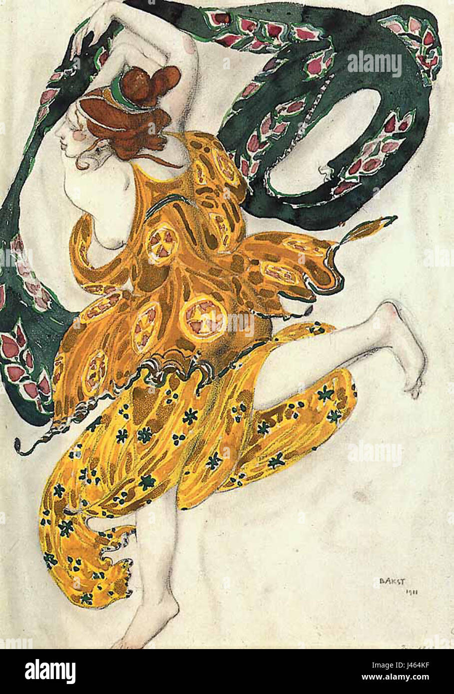 LÃ©sul disegno di Bakst per il balletto 'Narcisse' presenta il suo uso esclusivo di costumi e set vivaci. L'estetica del balletto si concentra su colori vividi, ricche texture e una rappresentazione drammatica del mito greco di Narciso. Foto Stock