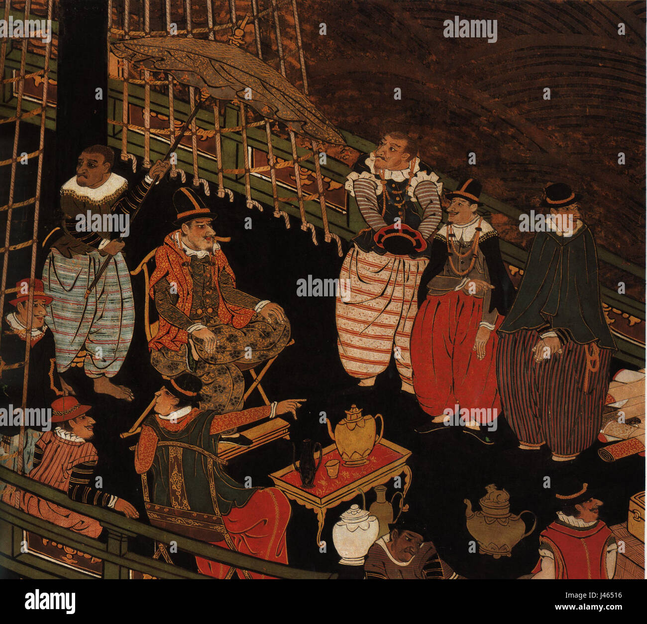 L'arte Namban si riferisce a uno stile di pittura giapponese influenzato dai commercianti europei, specialmente dai portoghesi, nel XVI e XVII secolo. Questa opera rappresenta la fusione delle tradizioni artistiche occidentali e orientali. Foto Stock