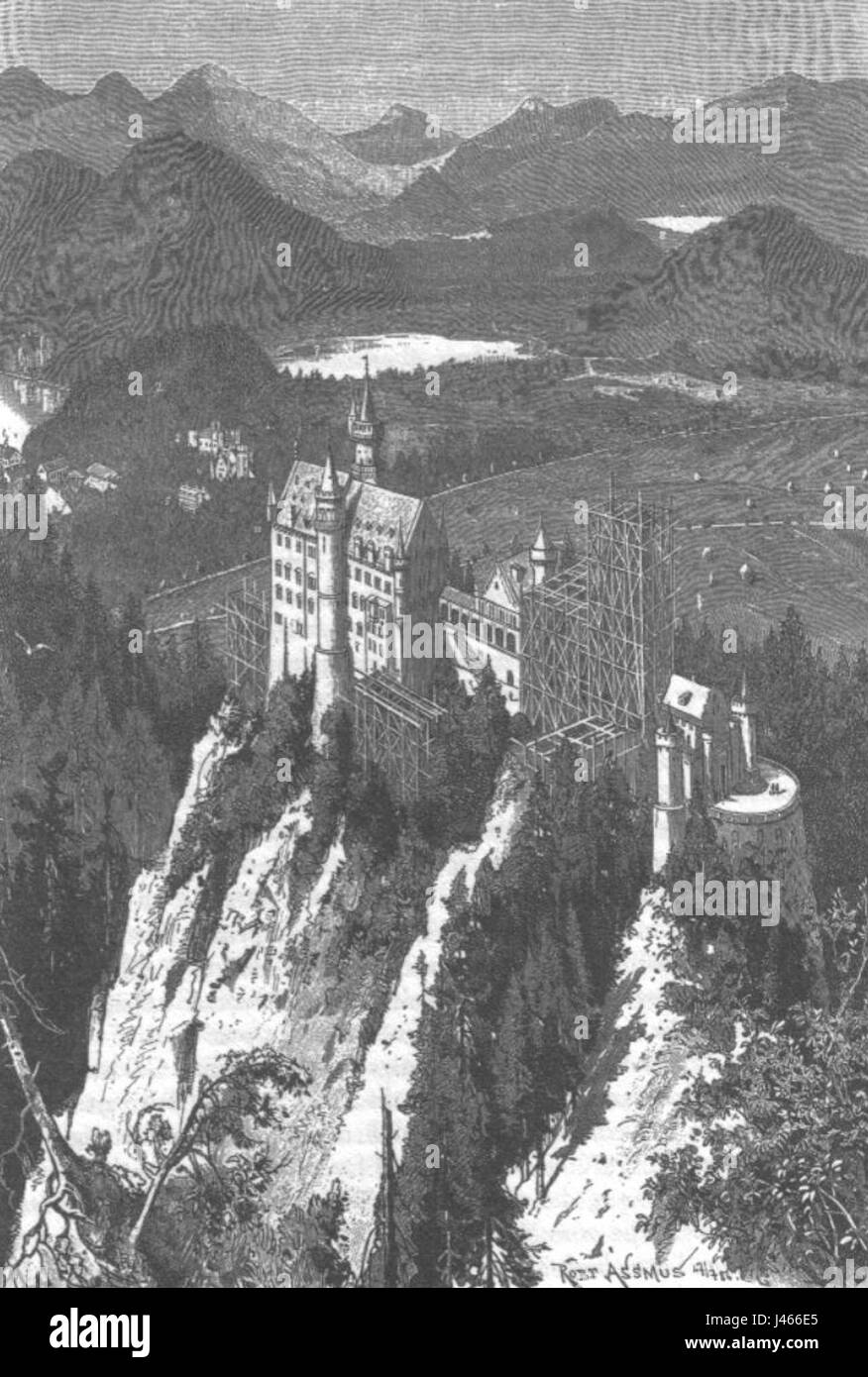Il castello di Neuschwanstein, costruito nel 1886, è un famoso castello fiabesco situato in Baviera, Germania. È noto per il suo splendido design architettonico e la sua posizione pittoresca in cima a una montagna. Foto Stock