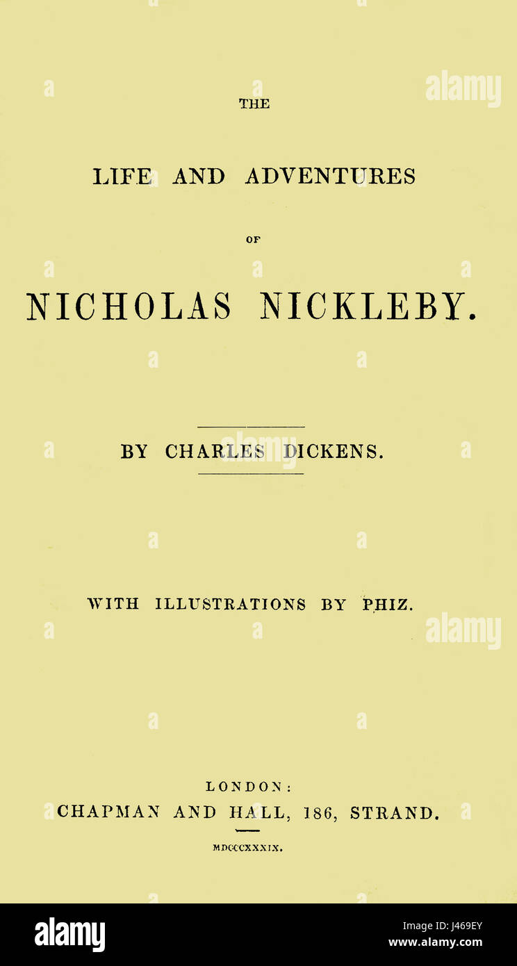 Nicholas Nickleby è un romanzo di Charles Dickens, pubblicato per la prima volta nel 1838. La storia segue le lotte e le avventure di Nicholas, un giovane uomo che affronta le avversità e le sfide di crescere nell'Inghilterra vittoriana. Attraverso le sue esperienze, il romanzo esplora temi di famiglia, classe sociale e sviluppo morale, offrendo una critica delle ingiustizie sociali nel XIX secolo. Foto Stock