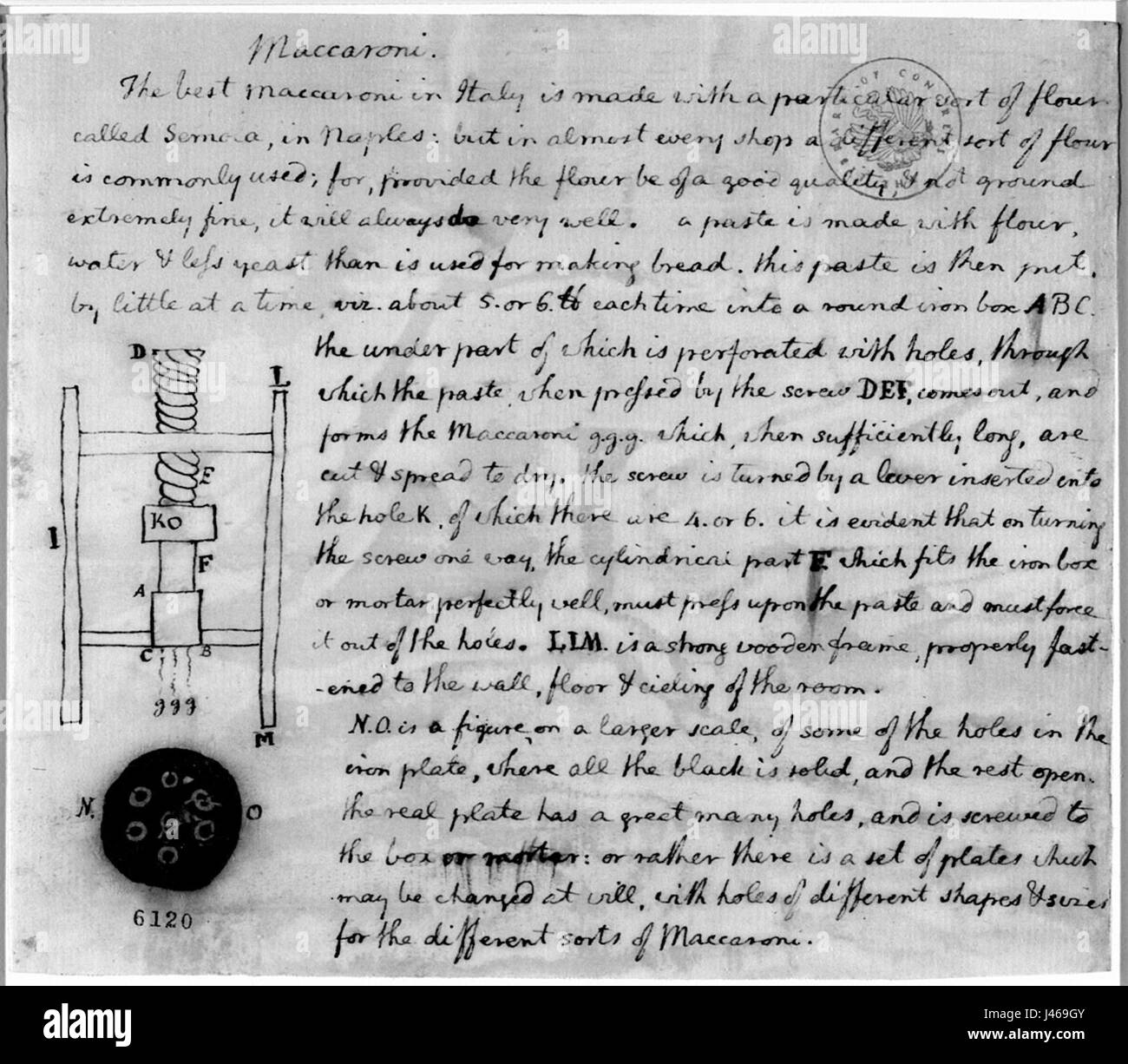 Questa descrizione si riferisce a una macchina per la pasta attribuita a Thomas Jefferson, che riflette il suo interesse per il cibo e l'innovazione durante il suo periodo in America. I contributi di Jeffersonâ alla storia culinaria americana sono evidenziati attraverso tali oggetti. Foto Stock