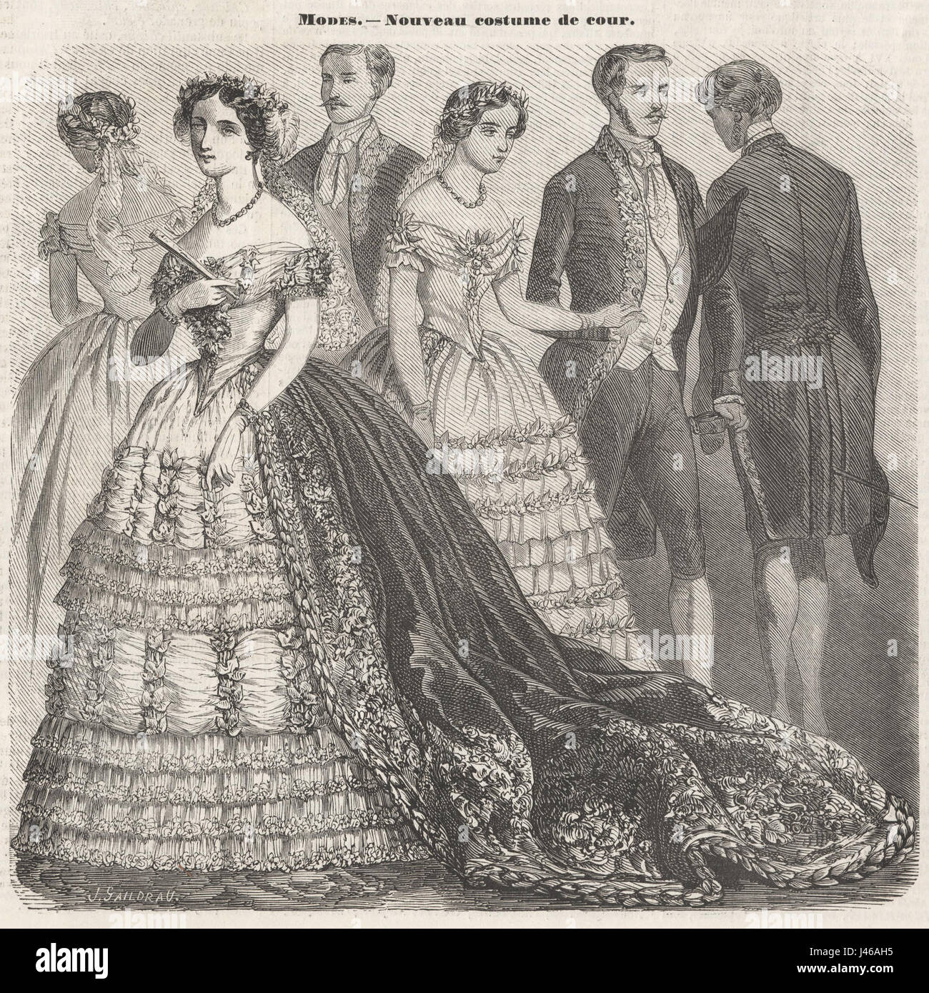 Il "Nouveau Costume de Cour" del 1853 rappresenta la moda della corte francese durante la metà del XIX secolo. Questo stile riflette la grandezza e l'opulenza del periodo, con disegni elaborati, ricchi tessuti e stravaganti dettagli nell'abbigliamento. La moda di quest'epoca evidenzia l'influenza della cultura reale e aristocratica sull'abbigliamento sociale. Foto Stock