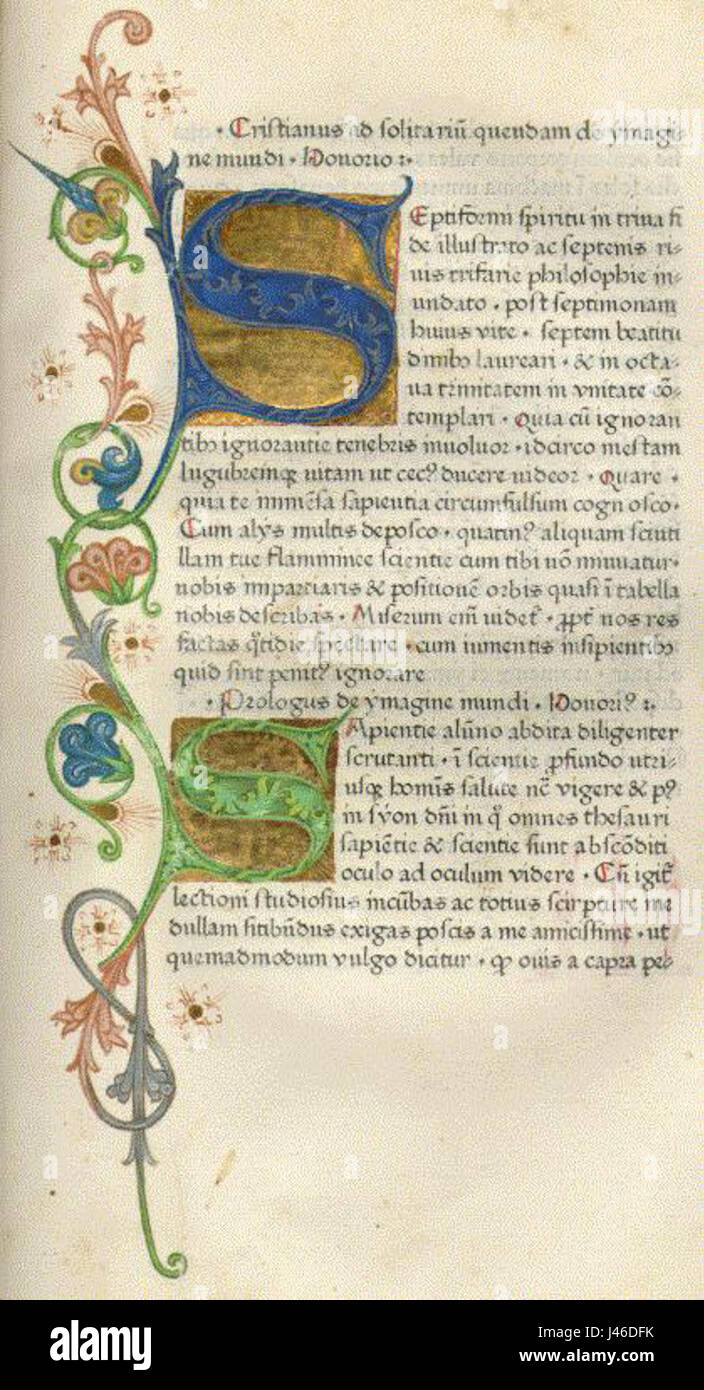 "Onorius De Imagine mundi" è un manoscritto medievale che esplora il concetto di mondo e cosmo. Si tratta di un'opera importante nella storia del pensiero medievale e della cosmologia. Foto Stock