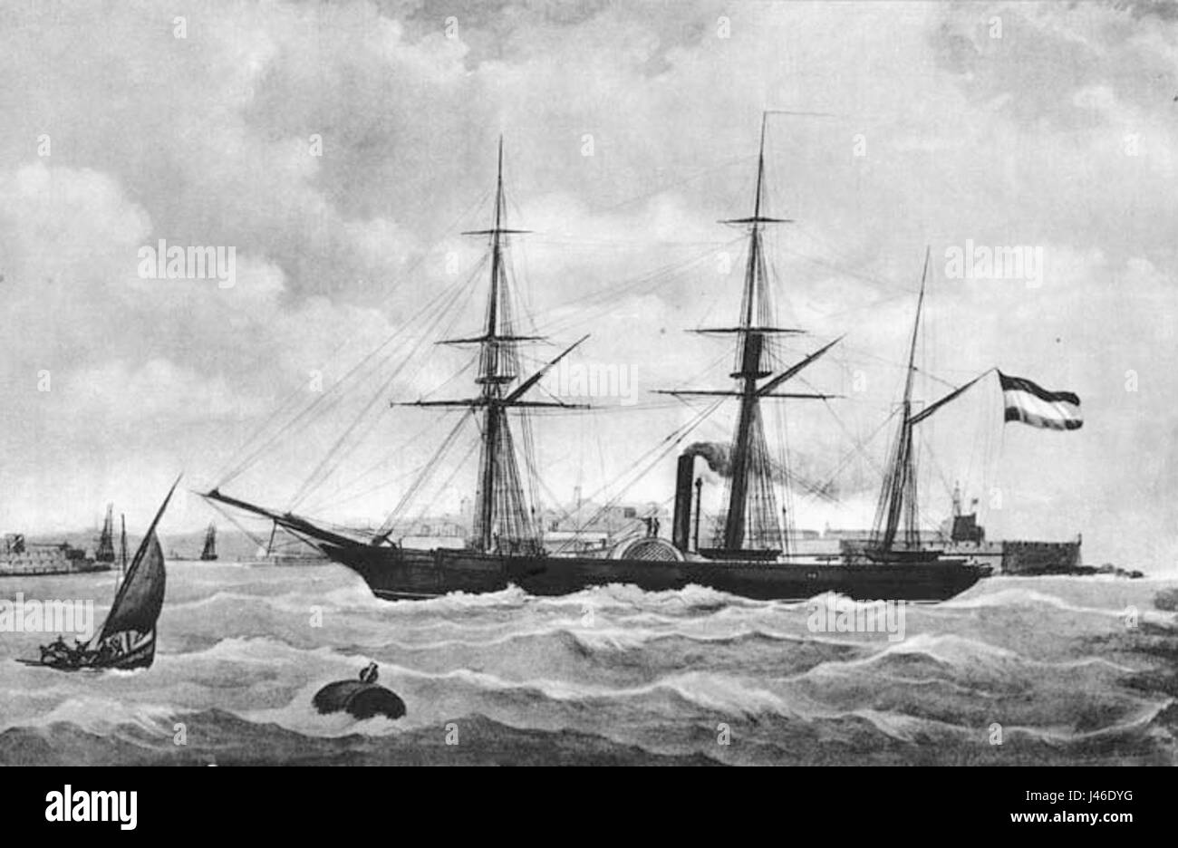 Il piroscafo a pale Soembing era una nave donata da re Guglielmo III, probabilmente un evento marittimo significativo. Il piroscafo avrebbe fatto parte del commercio storico o dello scambio reale. Foto Stock