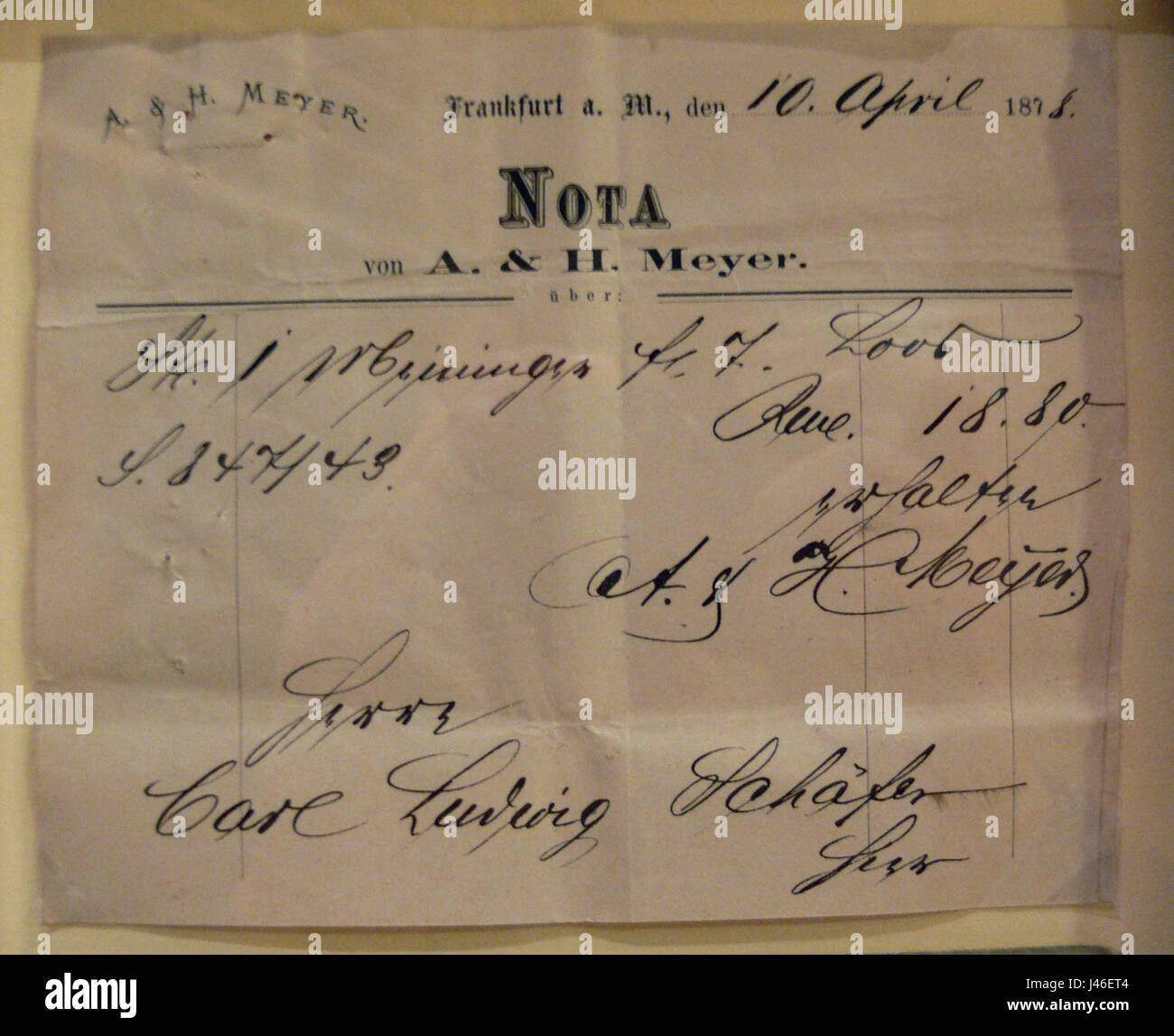 "Nota Frankfurt" è un'incisione di A.H. Meyer, risalente al 1878. Cattura una vista storica di Francoforte, in Germania, fornendo informazioni sull'architettura e il paesaggio urbano della città durante la fine del XIX secolo. Foto Stock
