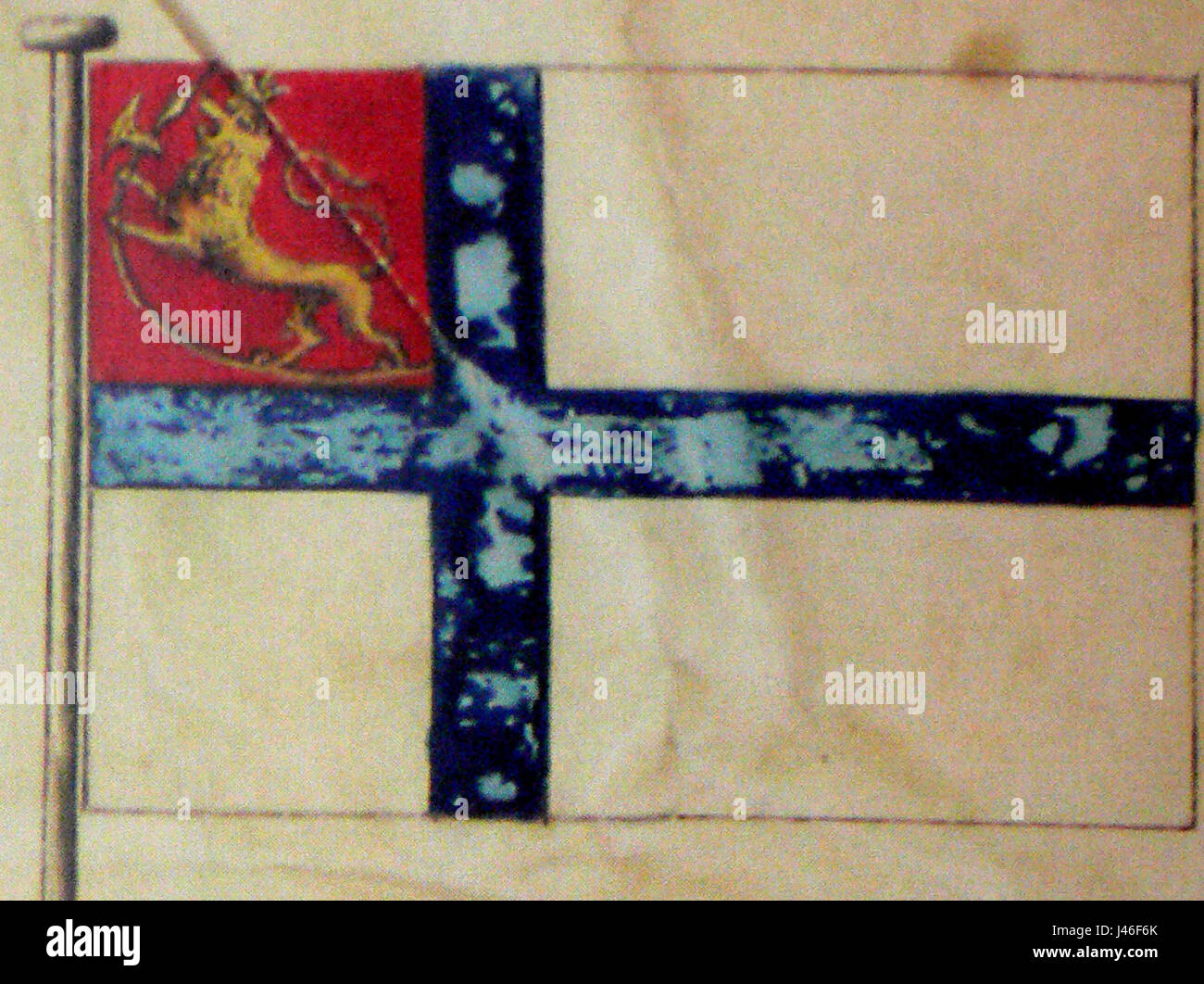 Questo si riferisce probabilmente a una proposta di modifica o di modifica del disegno della bandiera norvegese. Potrebbe implicare suggestioni storiche o contemporanee per il simbolismo nazionale. Foto Stock