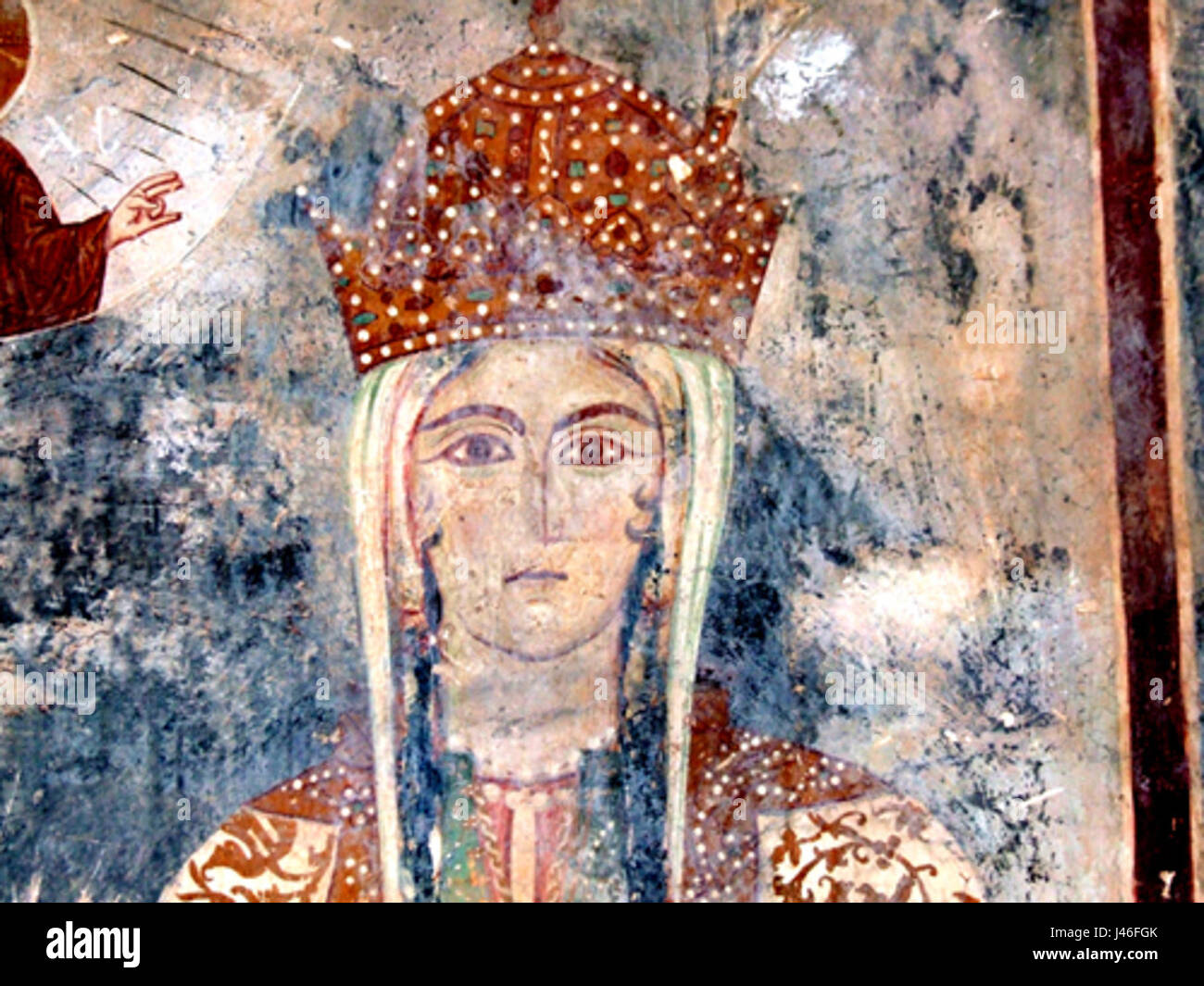 Questo titolo si riferisce ad un affresco di Tsalenjikha, Mingrelia, raffigurante il Nestandarejan, una figura tradizionale o simbolo nella cultura mingreliana. L'opera d'arte è un'opera culturale significativa della regione. Foto Stock