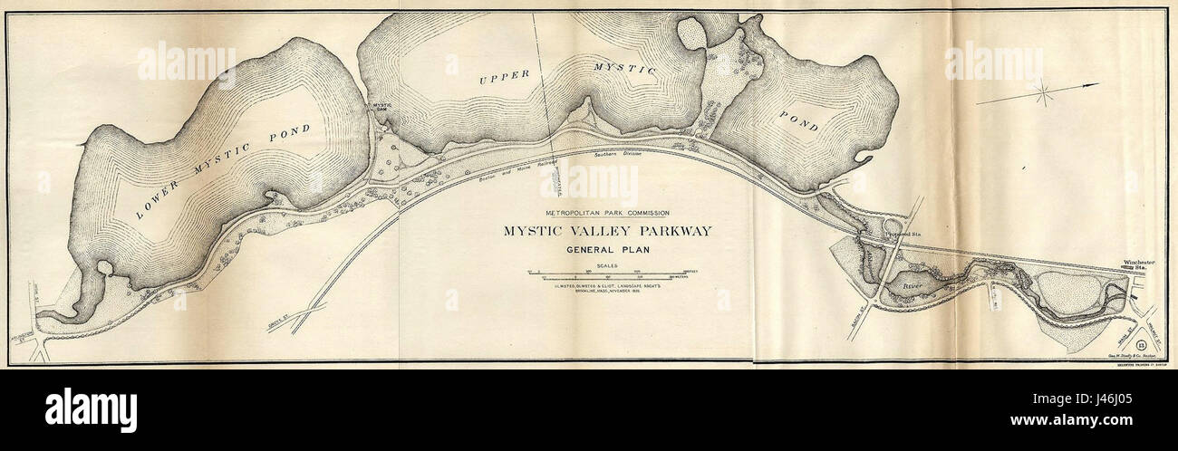 Il Mystic Valley Parkway General Plan del novembre 1895 è un documento storico di pianificazione urbana per lo sviluppo della Mystic Valley Parkway nel Massachusetts, che illustra le prime infrastrutture e i principi di progettazione per la parkway. Foto Stock