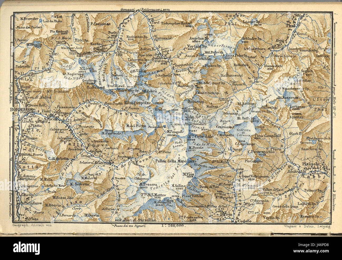 "Ortleralpen" si riferisce a una catena montuosa delle Alpi, e "Baedeker" indica una guida di viaggio pubblicata nel 1878, che offre descrizioni dettagliate e consigli sulla regione, i suoi paesaggi e i suoi punti di interesse. Foto Stock
