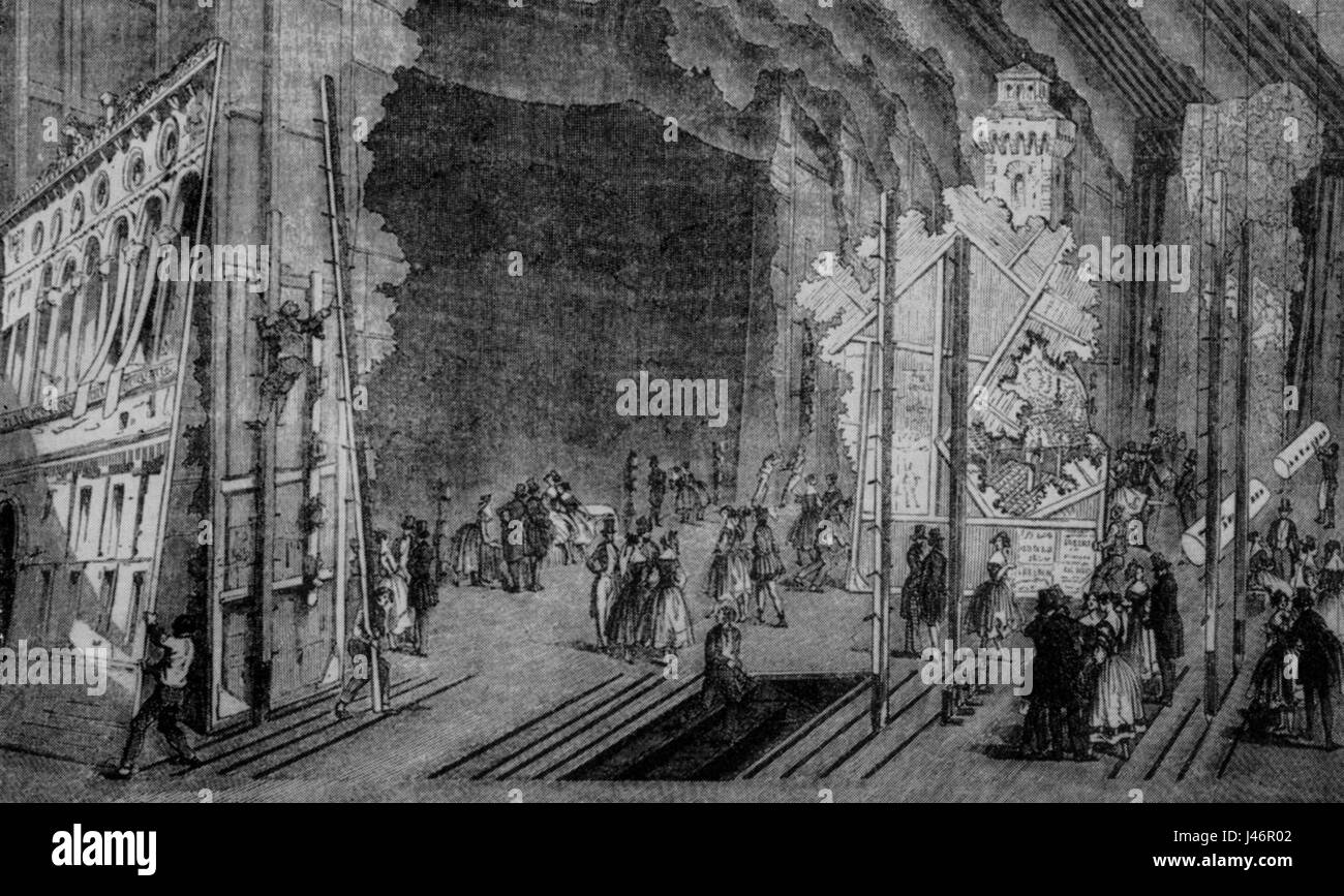 Uno sguardo nel dietro le quinte dell'Opera di Parigi intorno al 1855, mostrando le operazioni dietro una delle istituzioni culturali più iconiche del XIX secolo. L'immagine offre una panoramica del mondo della produzione teatrale, dei costumi e dell'ambiente artistico dell'epoca. Foto Stock