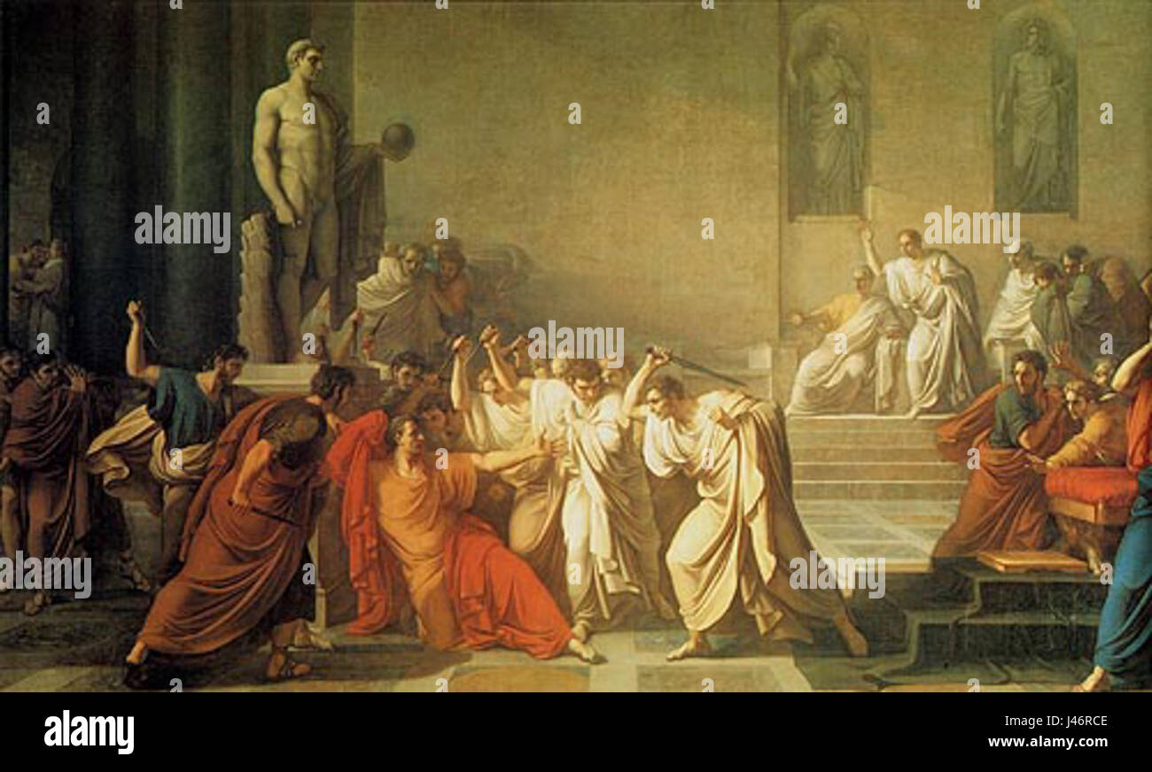 L'assassinio di Cesare si riferisce all'evento storico del 44 a.C., quando il dittatore romano Giulio Cesare fu assassinato da un gruppo di cospiratori, tra cui Bruto e Cassio. Questo momento cruciale nella storia romana segnò la fine della Repubblica romana e portò all'ascesa dell'Impero Romano. Foto Stock