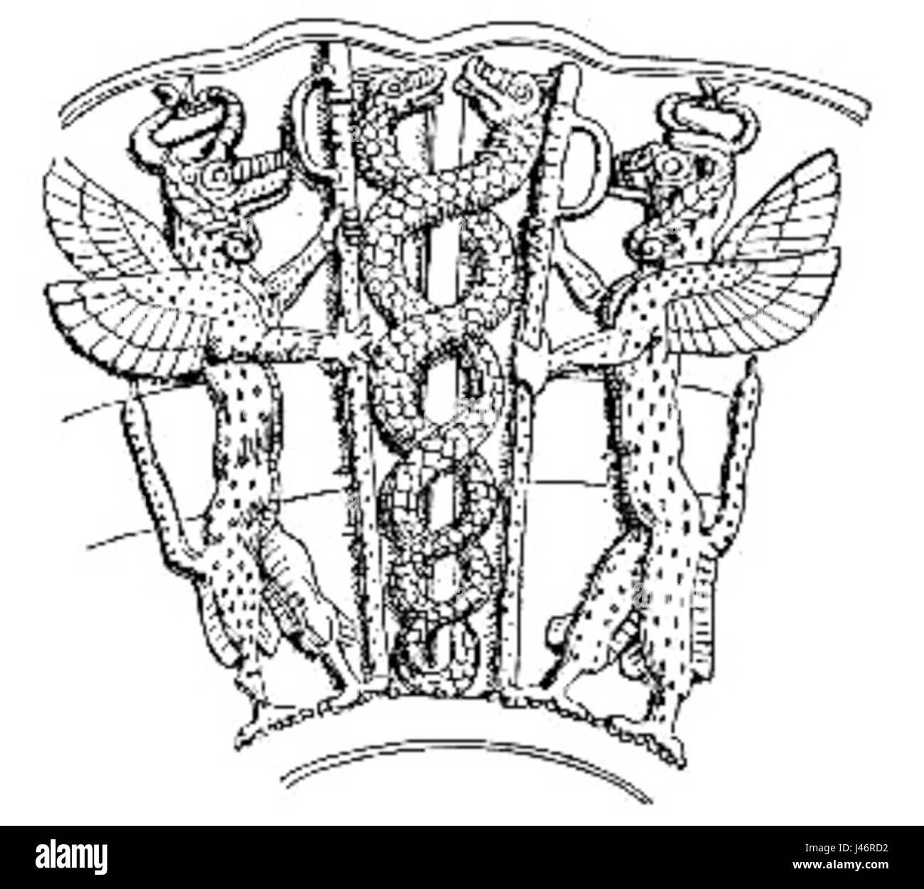 Ningizzida è una divinità dell'antica mitologia mesopotamica, nota come dio serpente associato alla saggezza, alla guarigione e alla protezione. Le raffigurazioni di Ningizzida spesso lo mostrano come una figura a serpentina, simboleggiando sia il potere divino che quello terreno nelle culture sumeriche e accadiche. Foto Stock